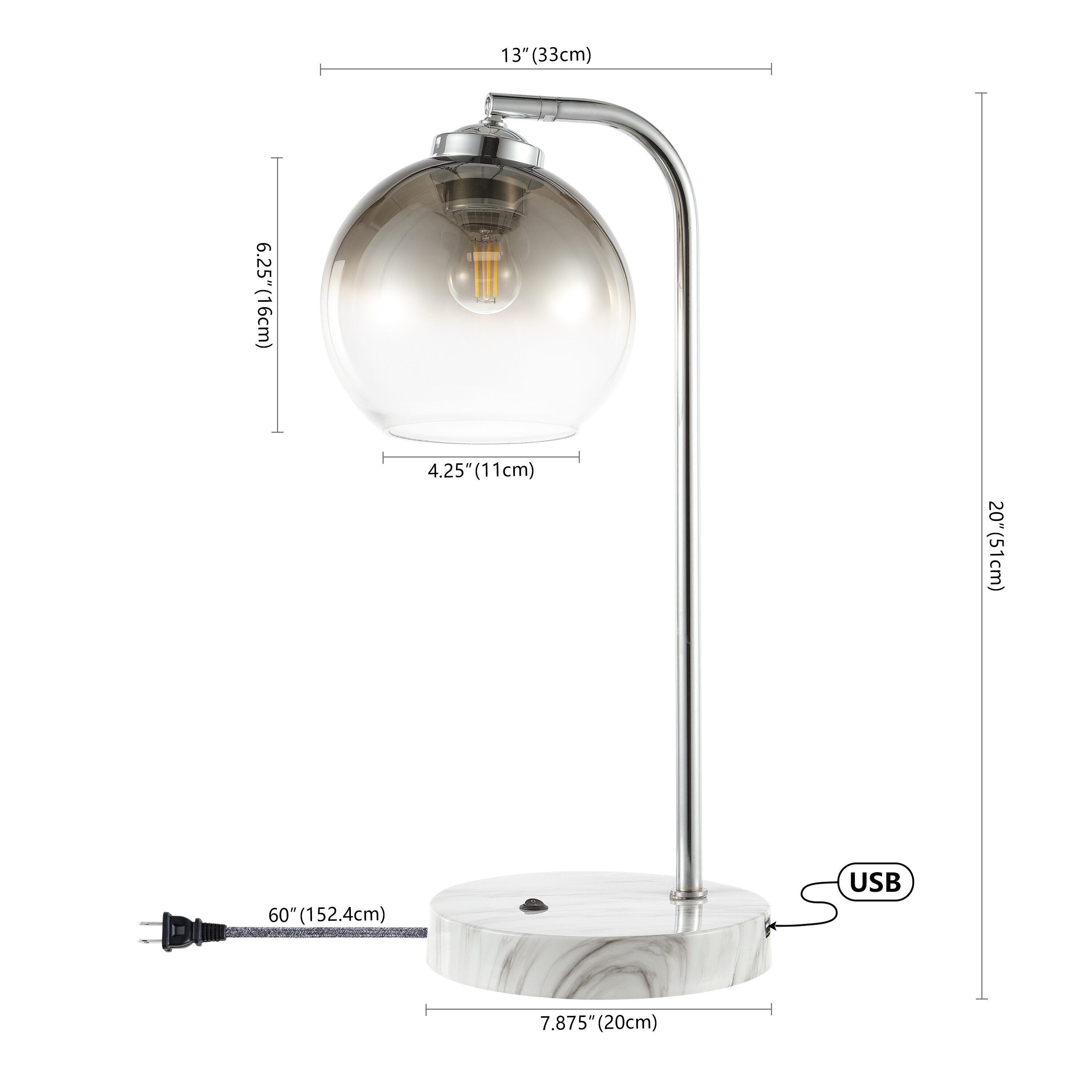 Ada 20" Chrome Industrial Glass LED Task Lamp with USB Port
