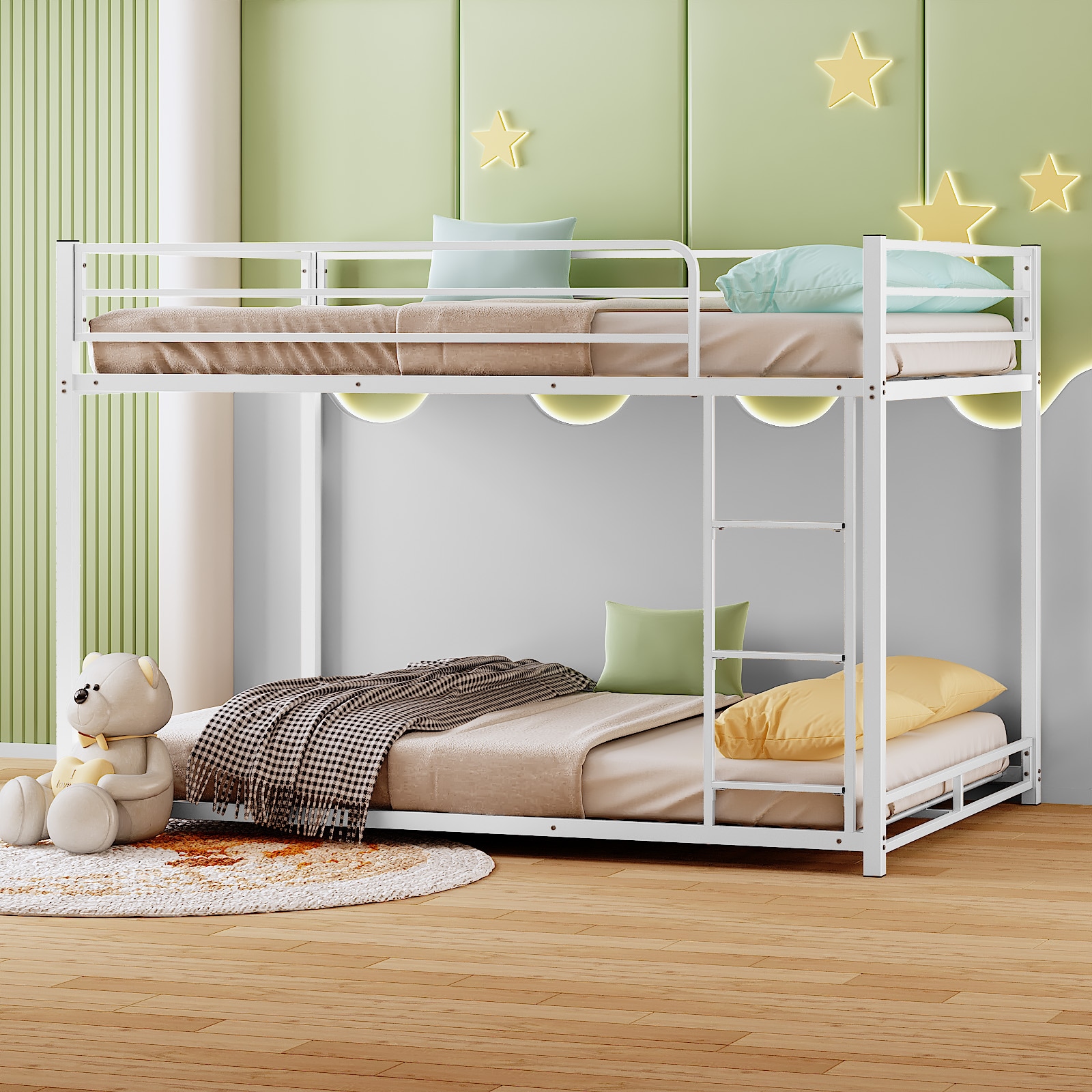 JOYMOR 78L x 61W x 54H Full Over Full Metal Bed Frame with Safety Guardraild White (Mattress Not Included)
