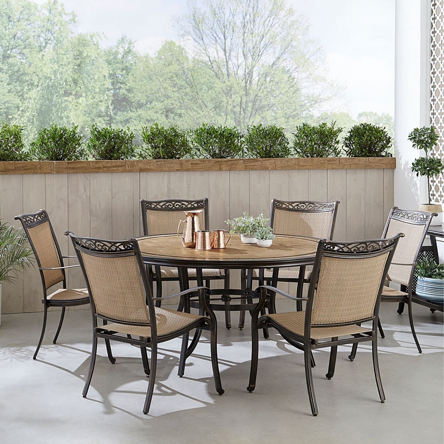 Hanover FNTDN7PCRDTN Fontana 7 -Piece Bronze Patio Dining Set Aluminum Round Table with 6 Tan Stationary Chairs