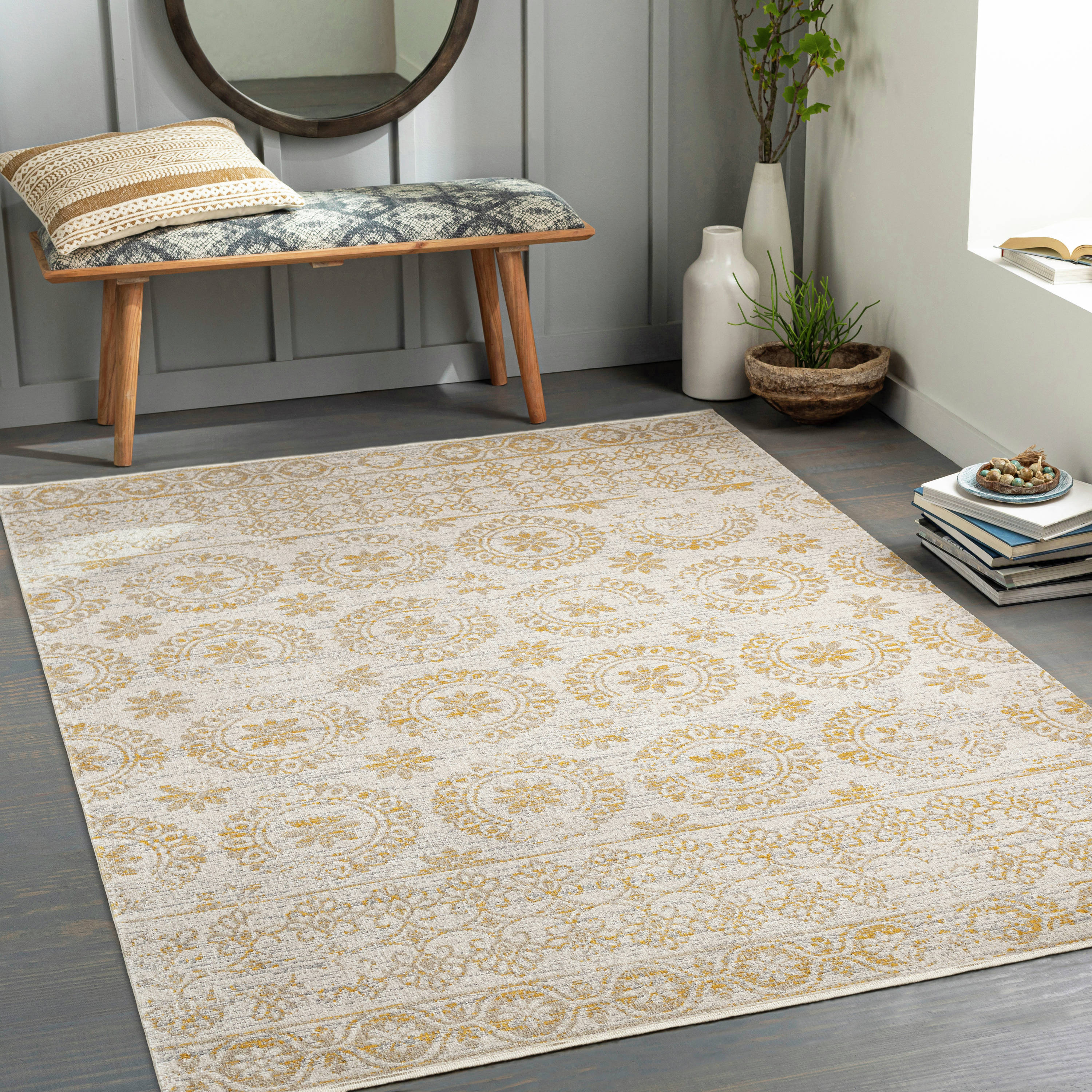 Livabliss LVR2327-537 Lavadora 5 x 7 (ft) Flatweave Polyester Beige/White Rectangular Indoor Medallion Oriental Machine washable Area rug