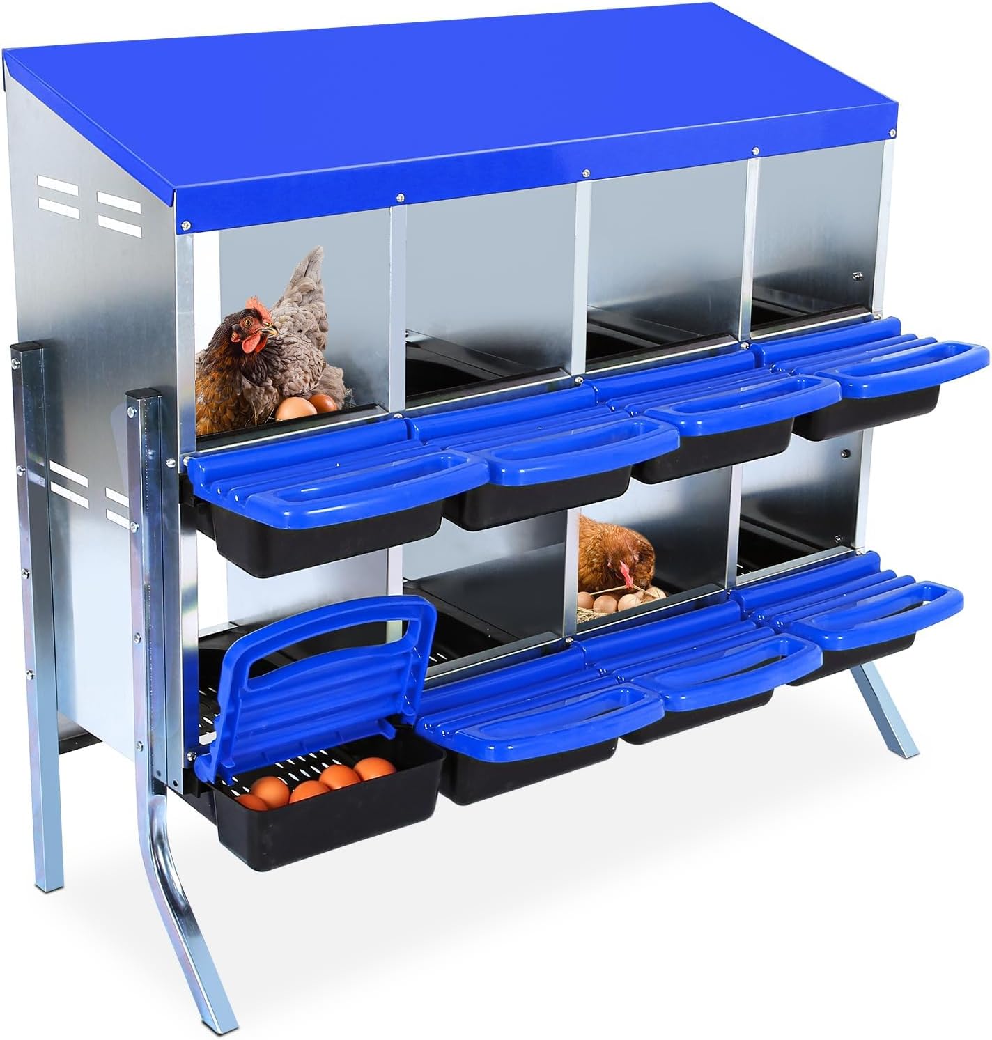Qeetex GGL-PPG-33CX8SXP 8-Hole Blue With Stand Chicken Nesting Box Roll-Away Egg Collection System with Ventilation Holes  Rustproof Plastic Tray Keyhole Mounting  Chicken Laying Box for Hen or Duck