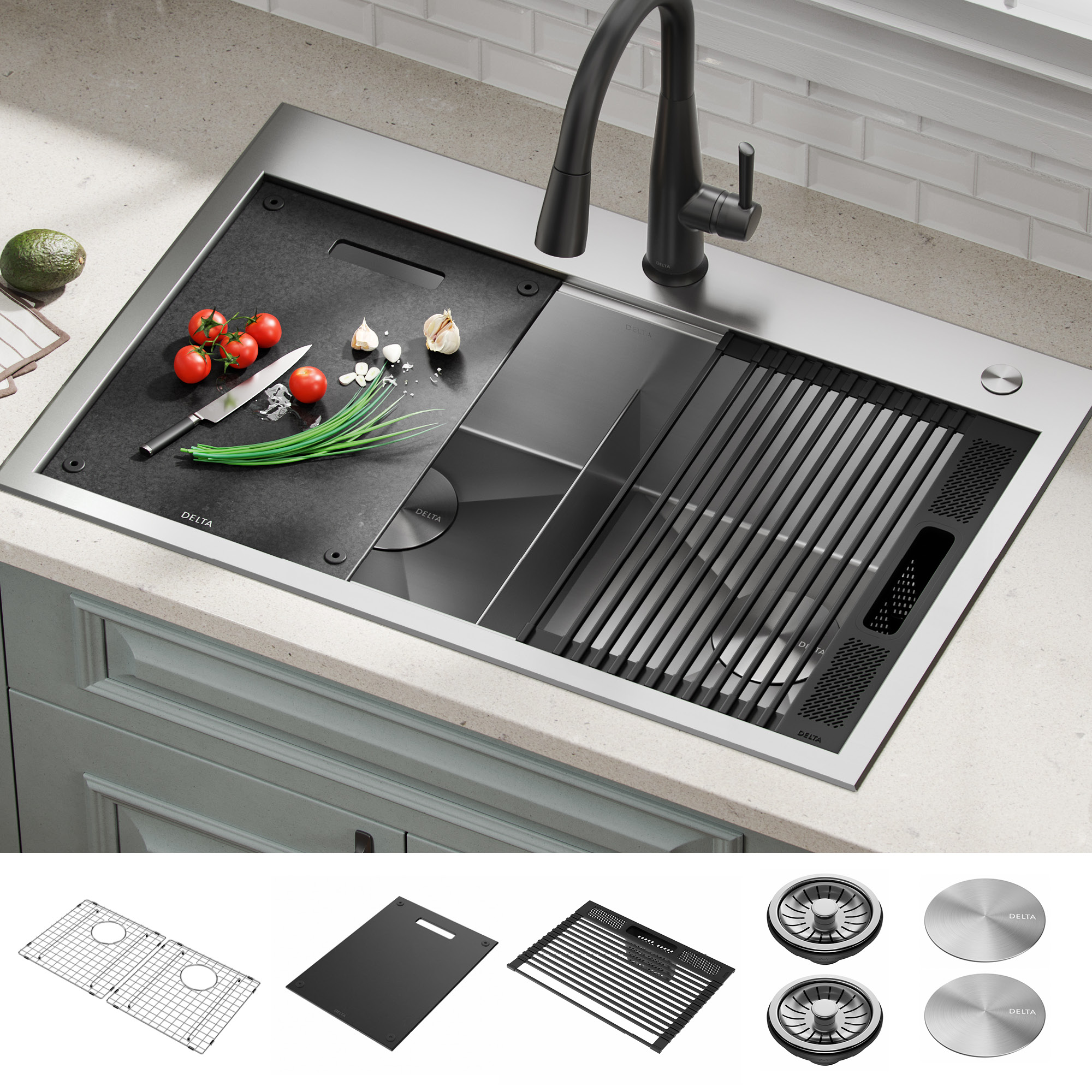 x 9 in x 22 in Kitchen Sink with Tray All-in-One Drop-In Stainless Steel 33 in 