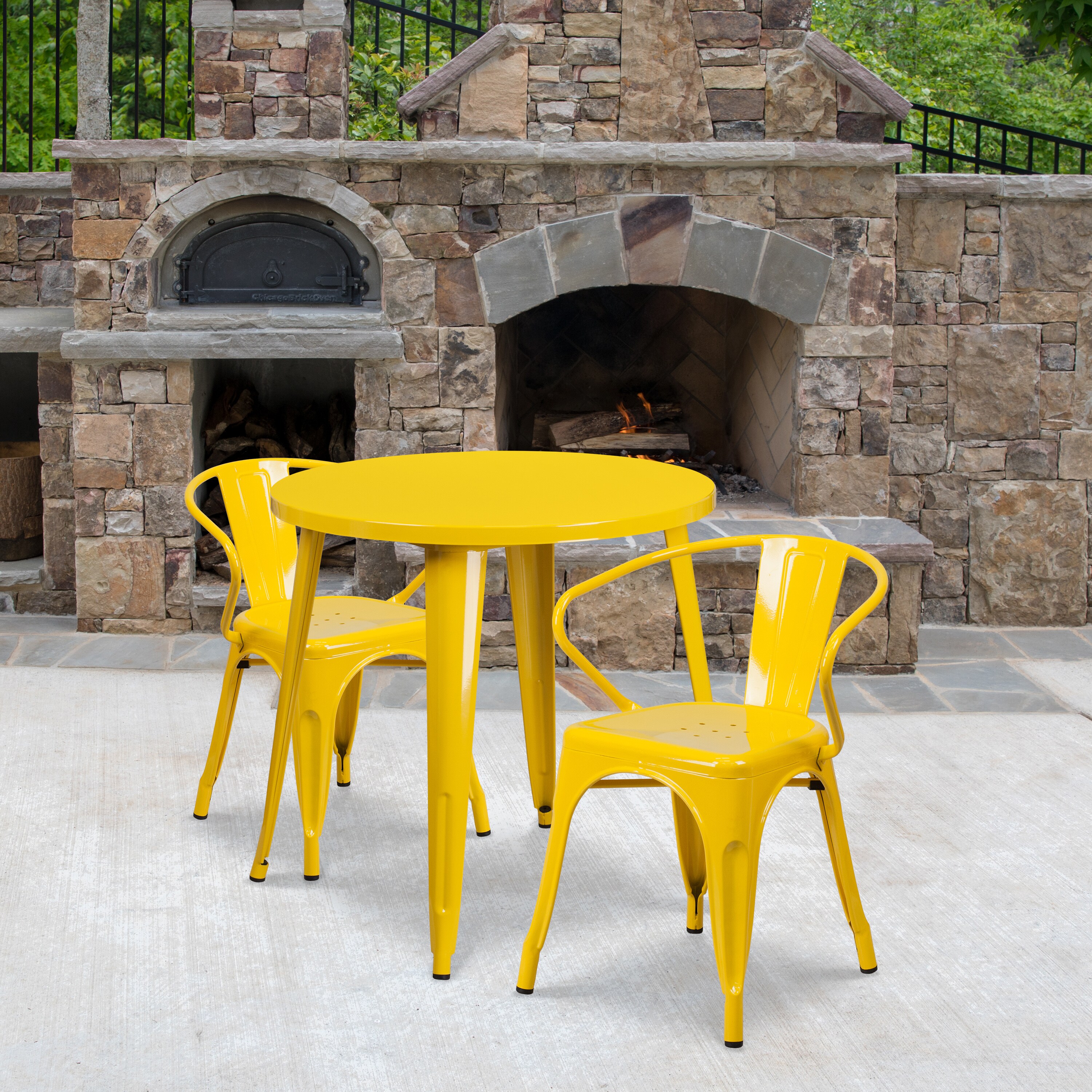 Flash Furniture 889142082699 Conrad Commercial Grade 30-in Round Yellow Metal Indoor-Outdoor Table Set with 2 Arm Chairs