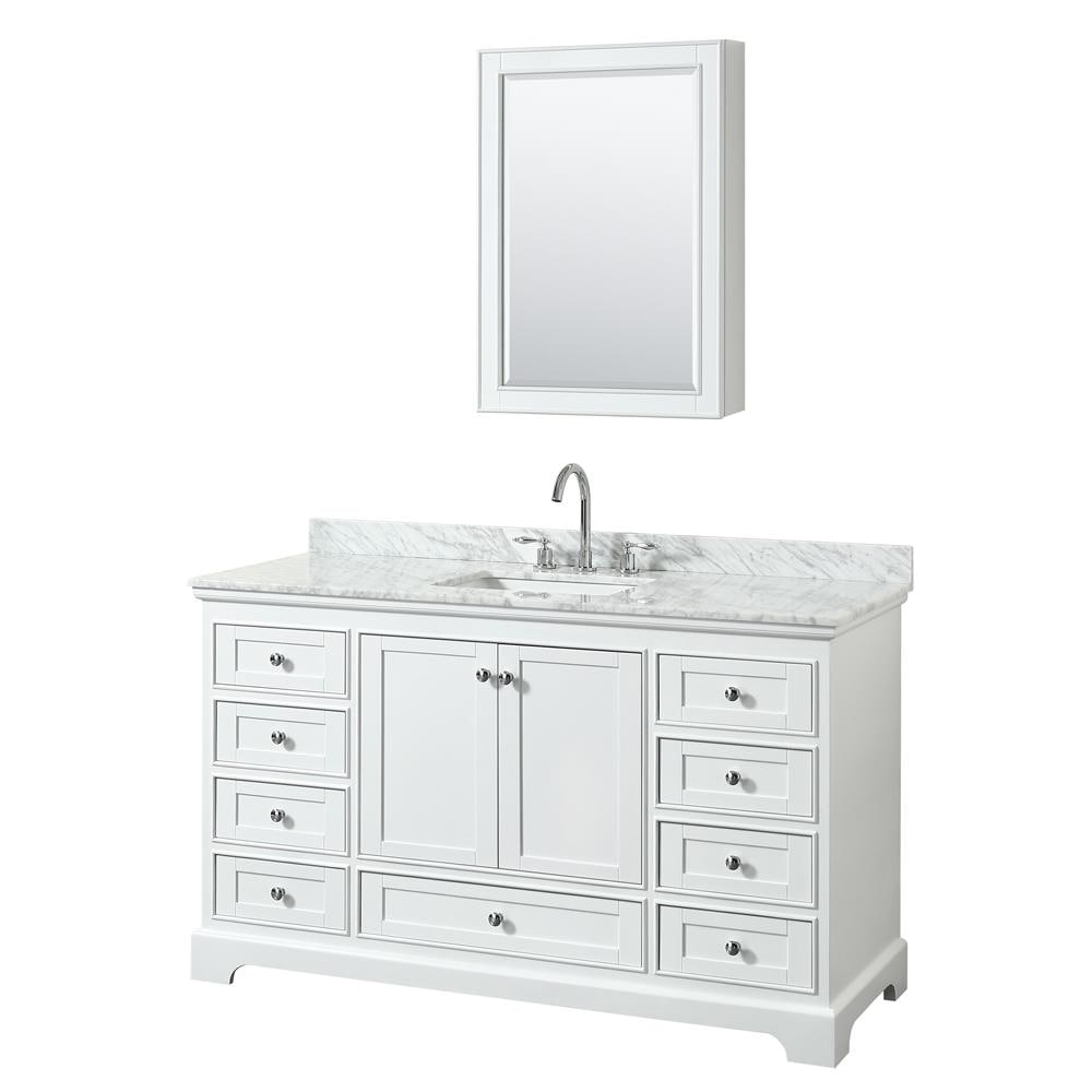 Wyndham Collection WCS202060SWHCMUNSMED Deborah 60-in White with Polished Chrome Trim Undermount Single sink Bathroom Vanity with White Carrara Marble Natural marble Top (Mirror Included)
