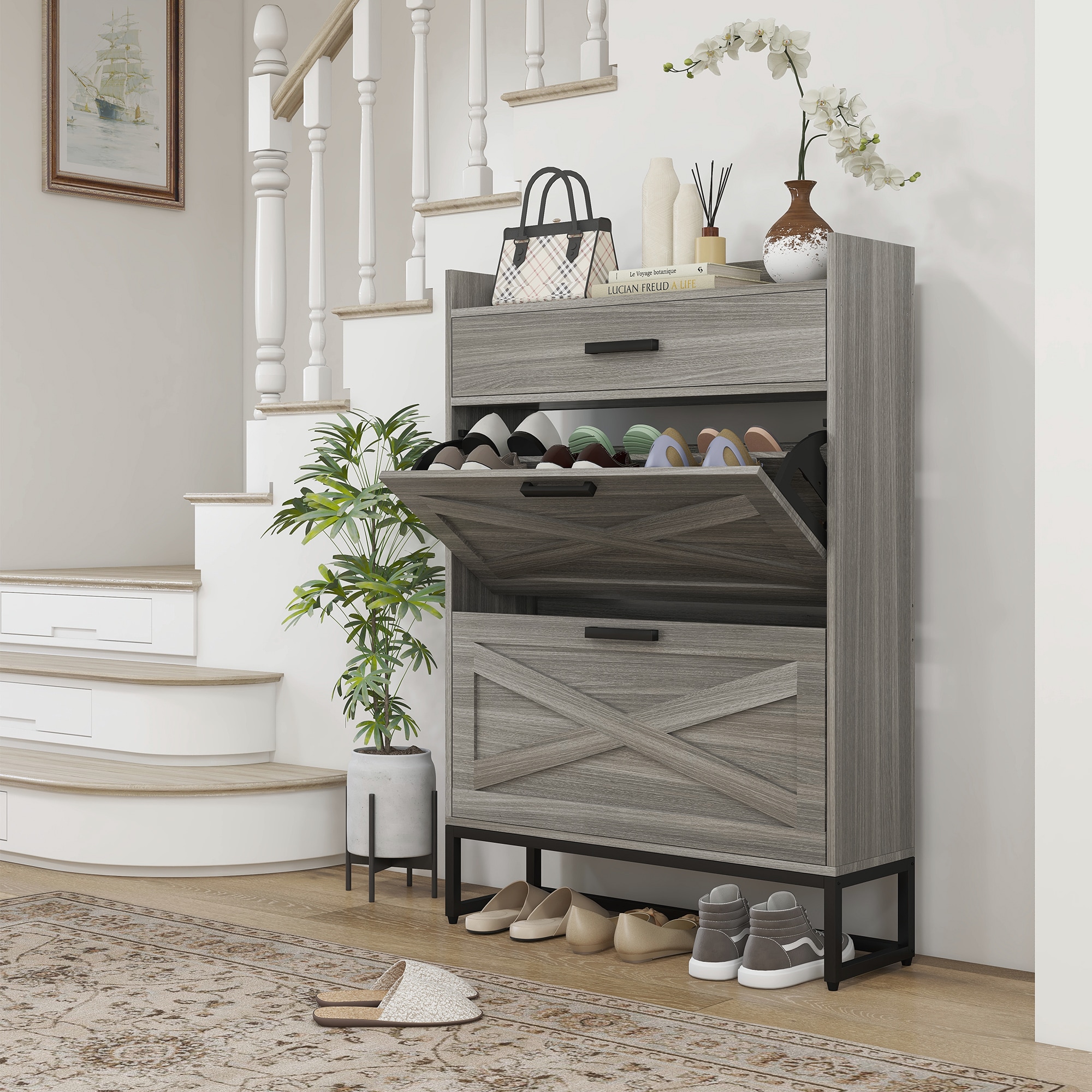 Mondawe MO-JH-XG2-GR 45.3-in H 2 Tier 12 pair Distressed Gray Wood Shoe cabinet