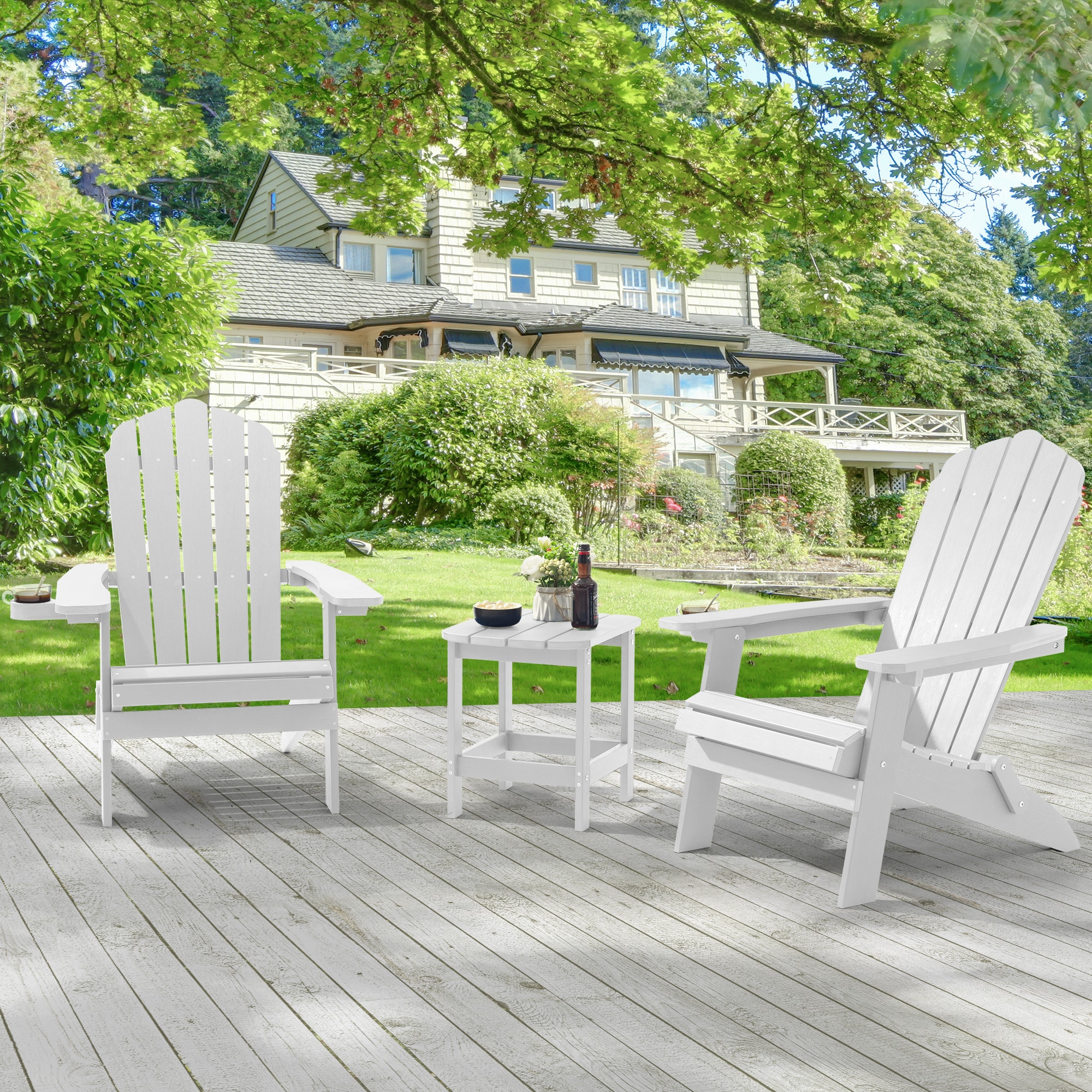 ACEGOSES LW-FD64-WT-2 Foldable Adirondack Chair Set of 2 White HDPE Frame Stationary Adirondack Chair with Slat Seat