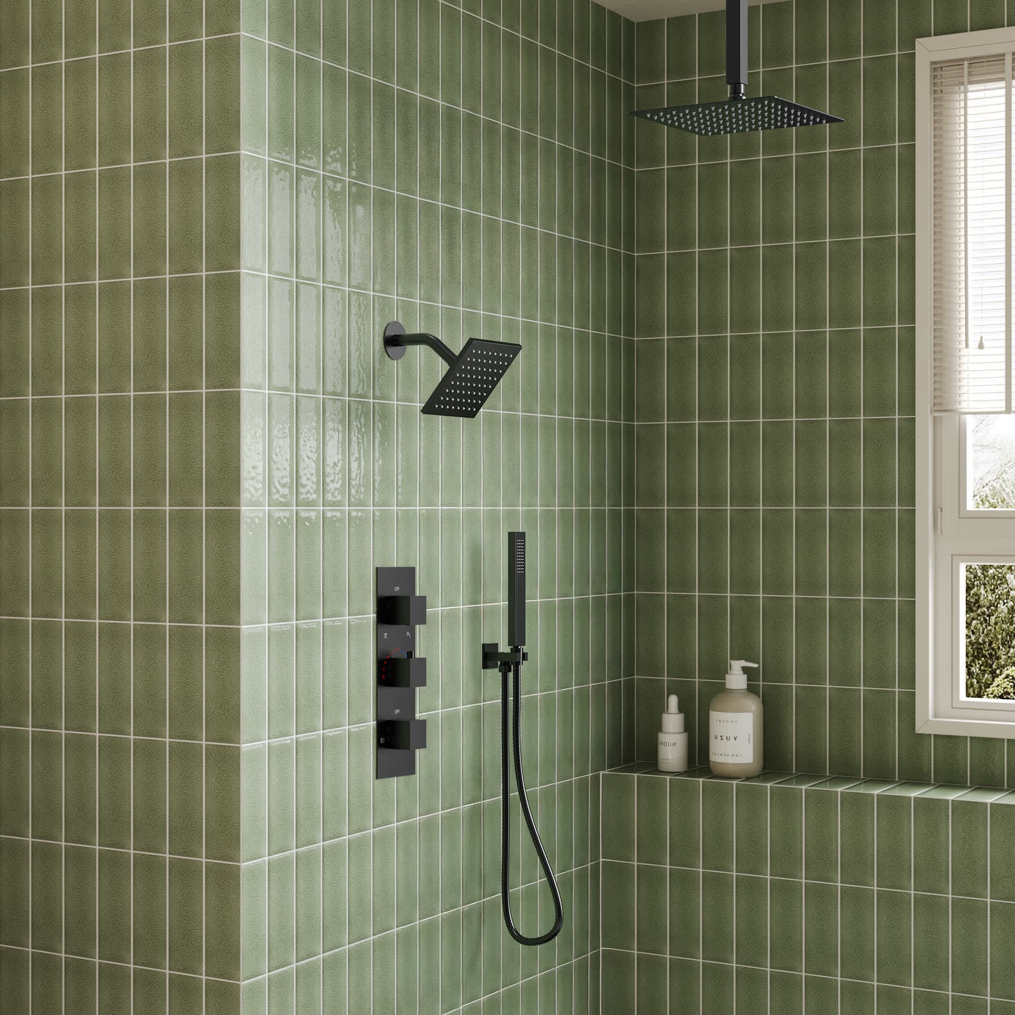 EVERSTEIN SFS1004A-BK12 Thermostatic Dual Showerheads System with 12-in High-Pressure Shower Faucet and Rough-In Valve in Black
