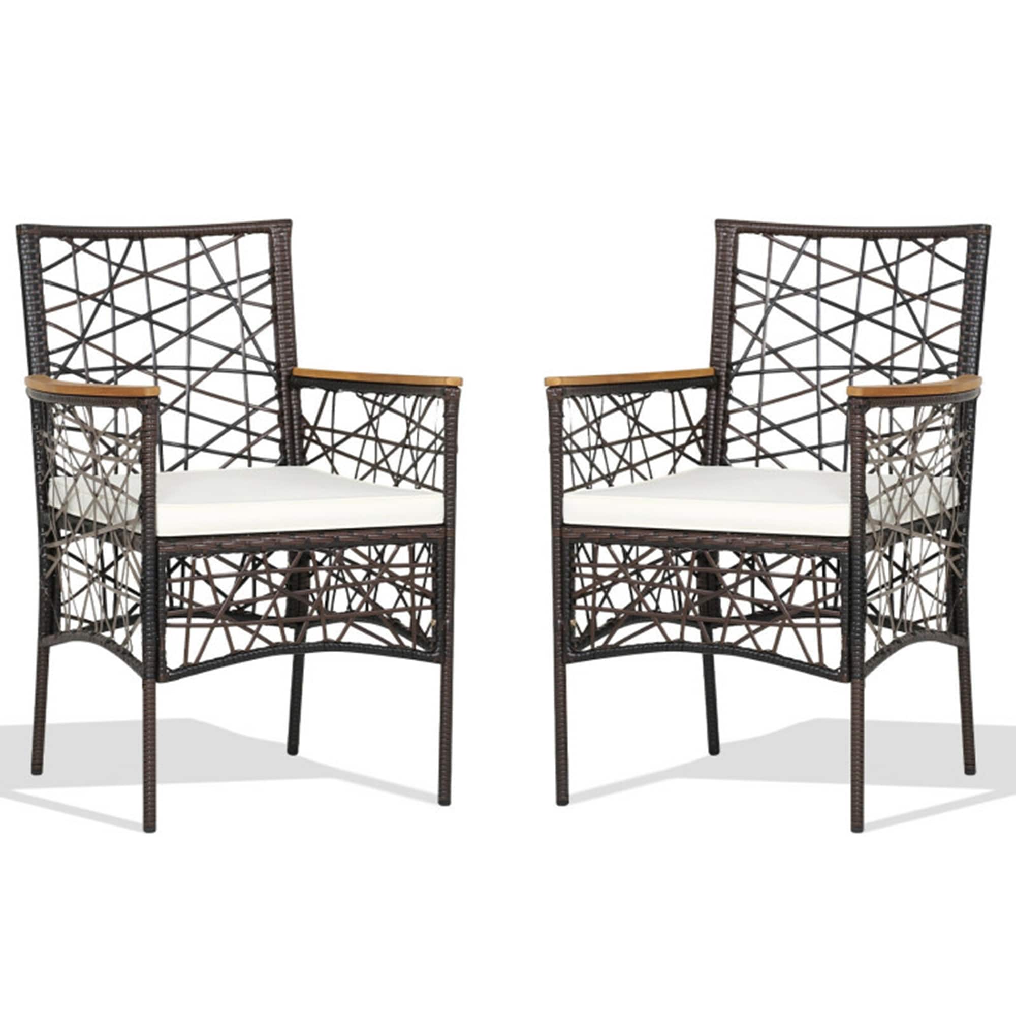 Clihome CL-69143 Patio Bistro Chair Set of 2 Rattan Mix Brown Rattan Frame Stationary Dining Chair with Off-white polyester Cushioned Seat