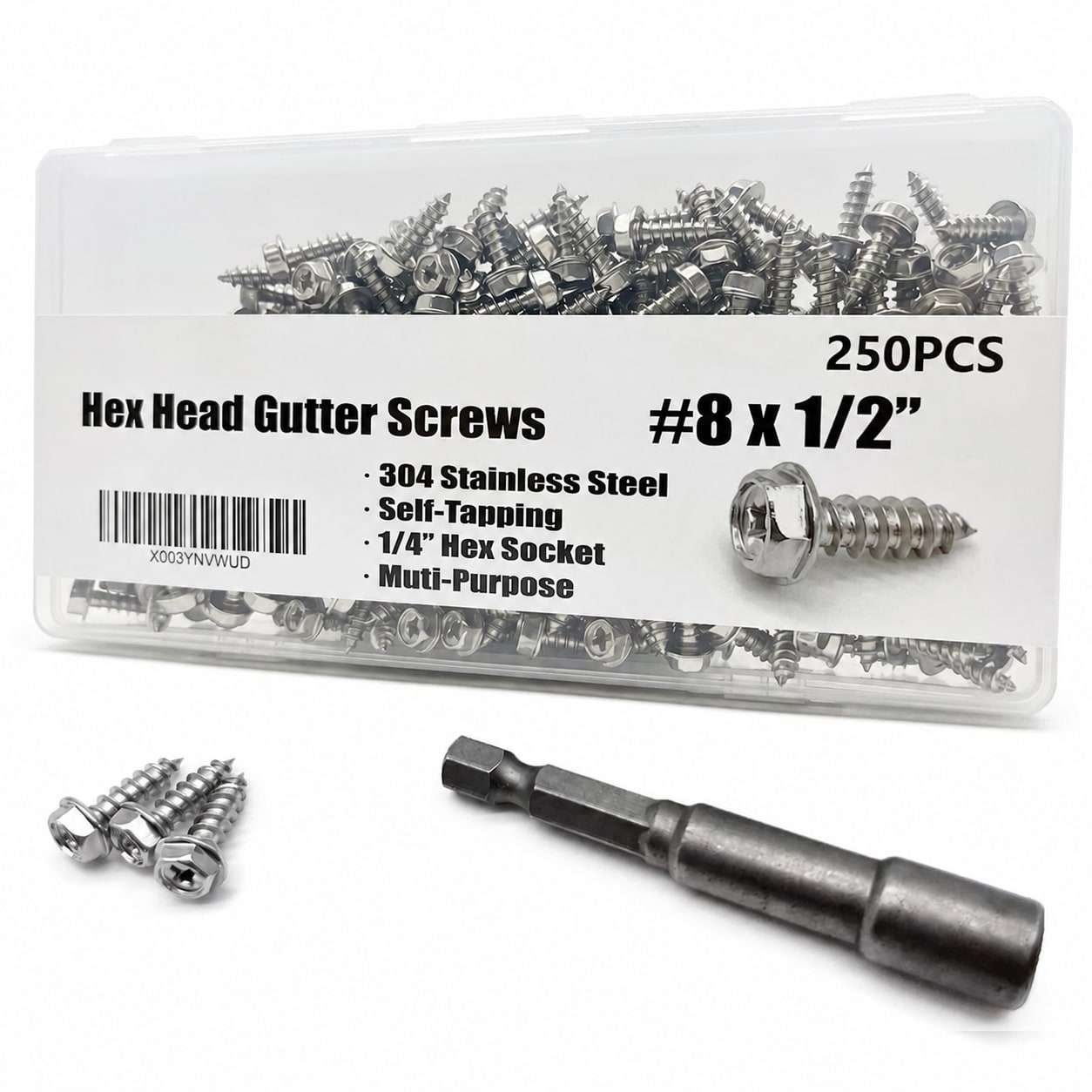 Etokfoks  304 Stainless Steel Self Tapping Screws 8 x 1 2 in 250pcs Rustproof Self Piercing with 1 4 in Socket Bit