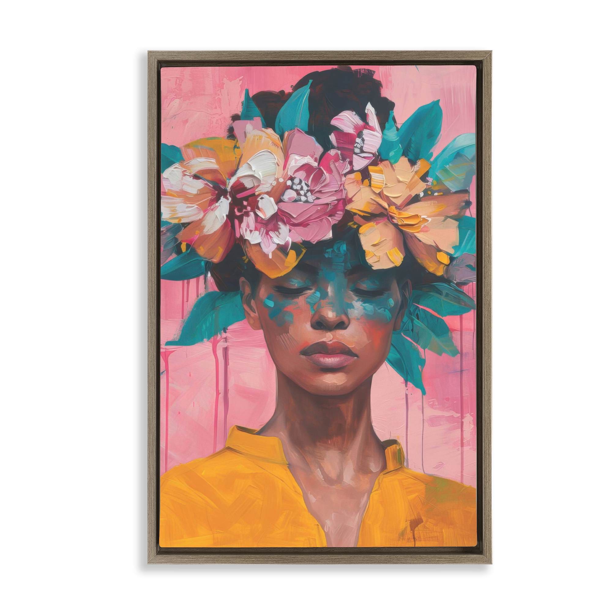 Stupell Industries BT-679-FFE-20X30 Woman With Floral Headdress Brown Framed Floater Canvas Wall Art By LSR Design Studio 21 x 31
