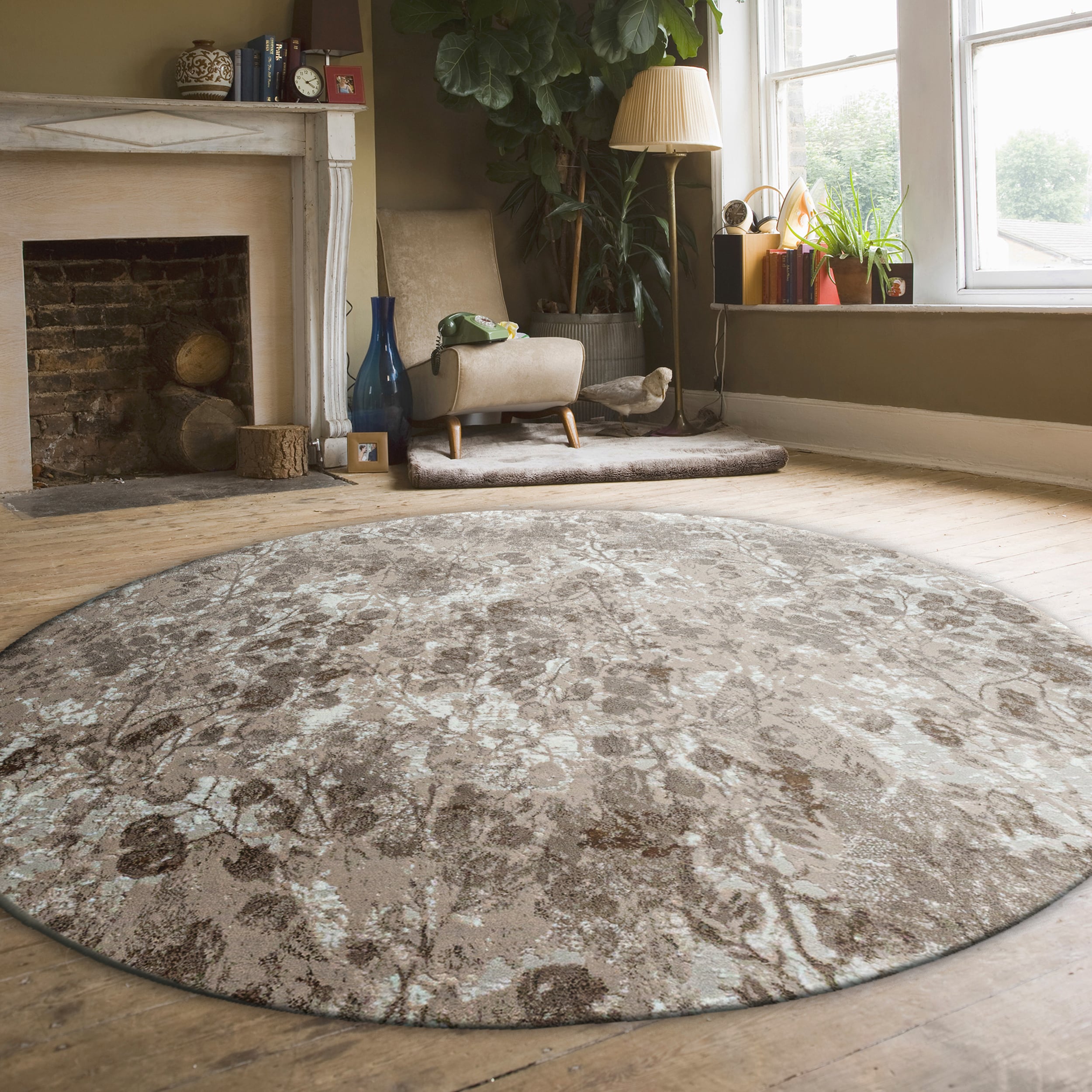 Radici USA 1242/1005/BEIGE Livigno 5 x 5 (ft) Loomed Polypropylene Beige Round Indoor Floral/Botanical Mid-Century Modern Area rug