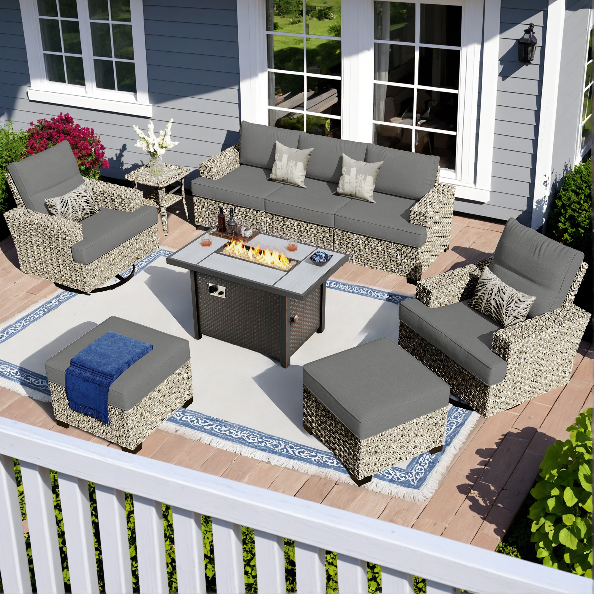 XIZZI XITBS2075-RC3IFP Agate 7 -Piece Rattan Patio Sofa Conversation Set with Dark Gray Cushions