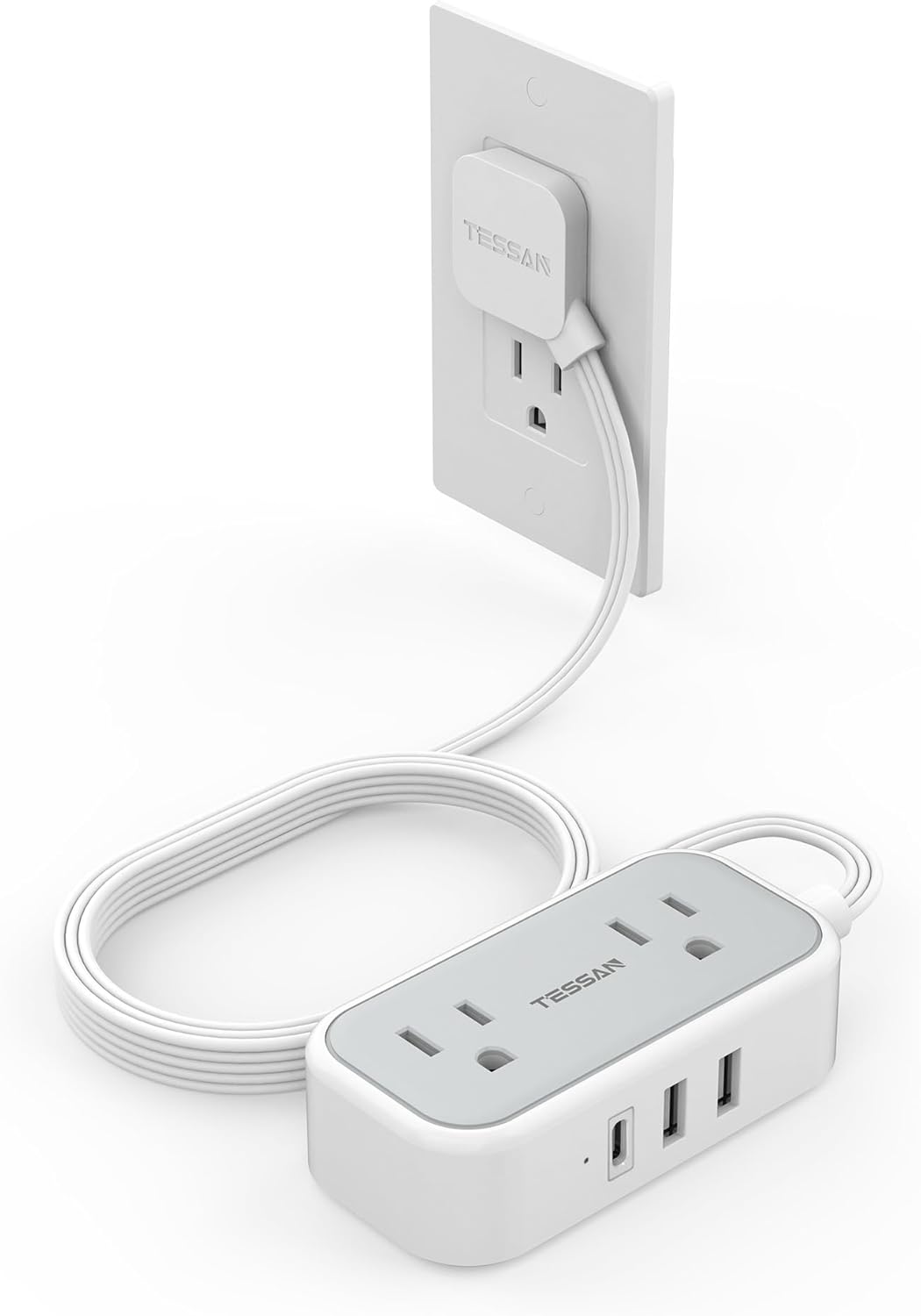 LENCENT Flat Plug Power Strip 10 ft with 2 AC Outlets 3 USB Ports 1 USB-C for Home Office Cruise