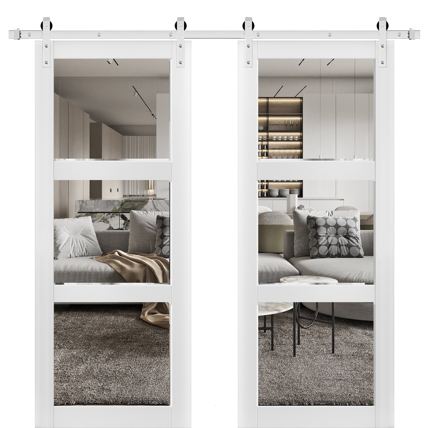 SARTODOORS LUC2555DB-S-WS-72 72-in x 80-in White Silk Clear Glass MDF Double Barn Door (Hardware Included)