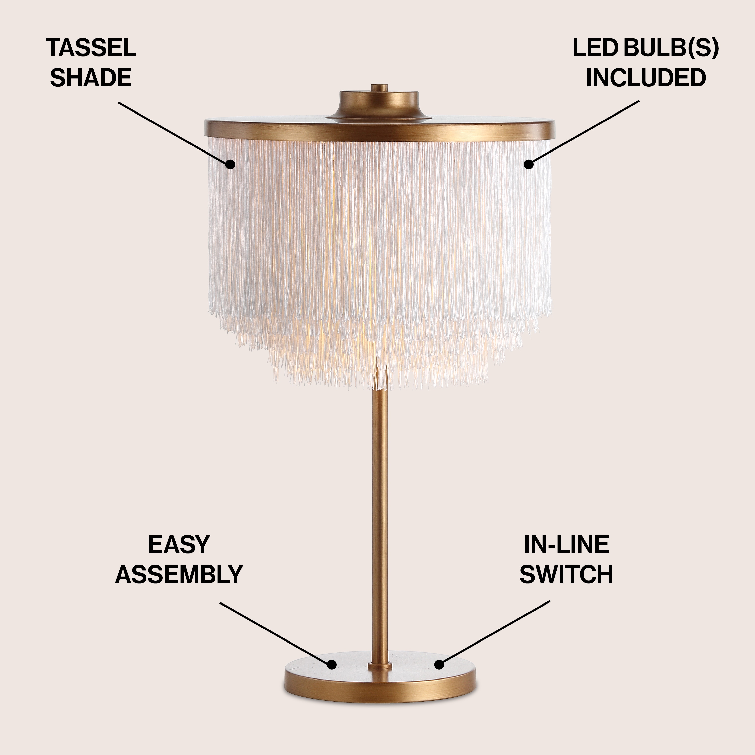 Elegant Alexa-Enabled White Tassel LED Table Lamp with Gold Base
