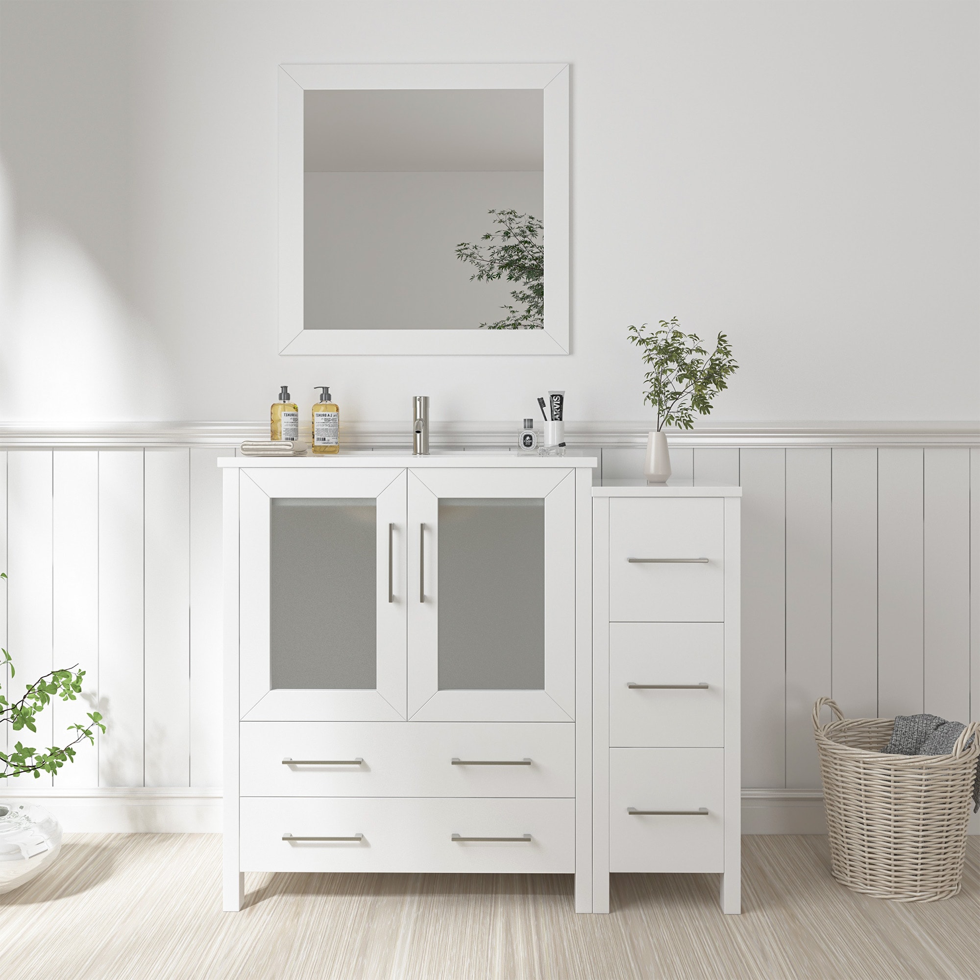 Vanity Art VA3024-36W Brescia 36-in White Undermount Single sink Bathroom Vanity with White Ceramic Top (Mirror Included)