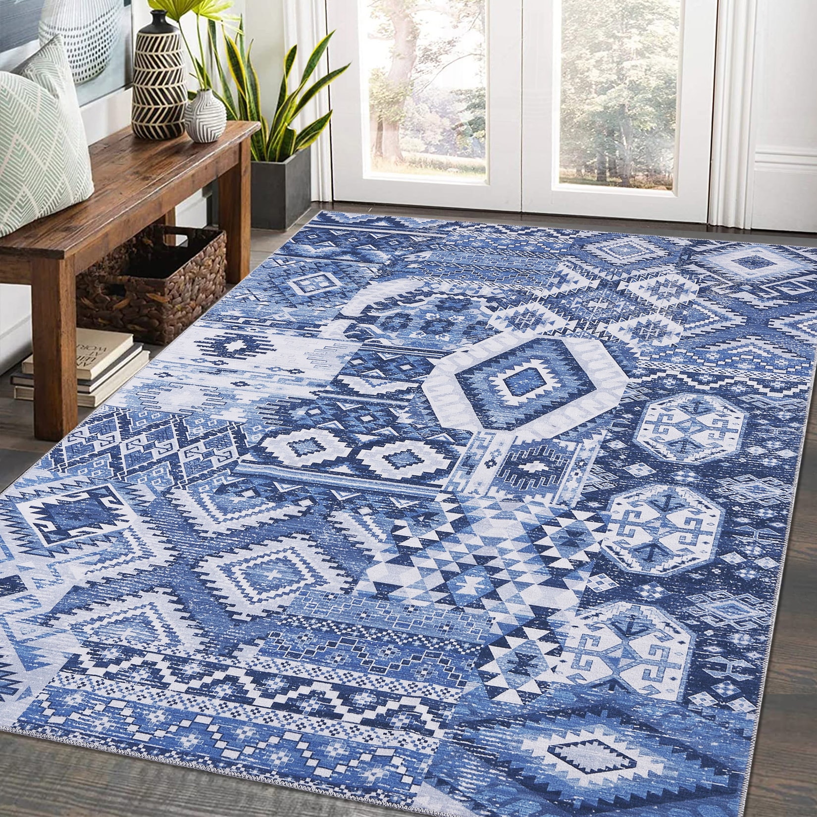Garvee YXY-LO-PHO-0ZW1J5XU 9 x 12 (ft) Loomed Polyester Blue Rectangular Indoor Tribal Vintage Machine washable Area rug