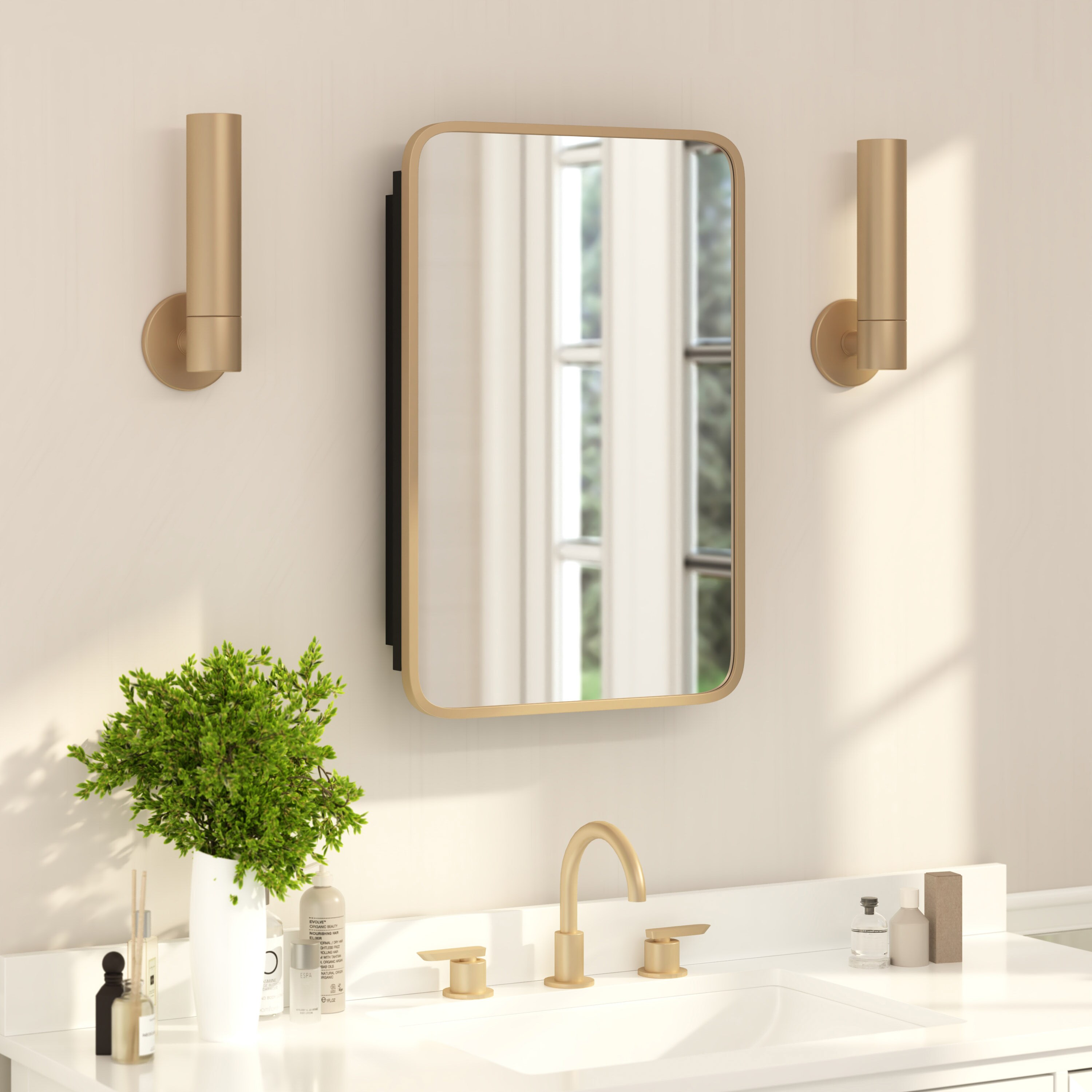 Flash Furniture 196861157820 Jolie 16-in x 24-in Recessed Bathroom Medicine Cabinet with Rounded Beveled Mirror and Reversible Metal Frame in Gold