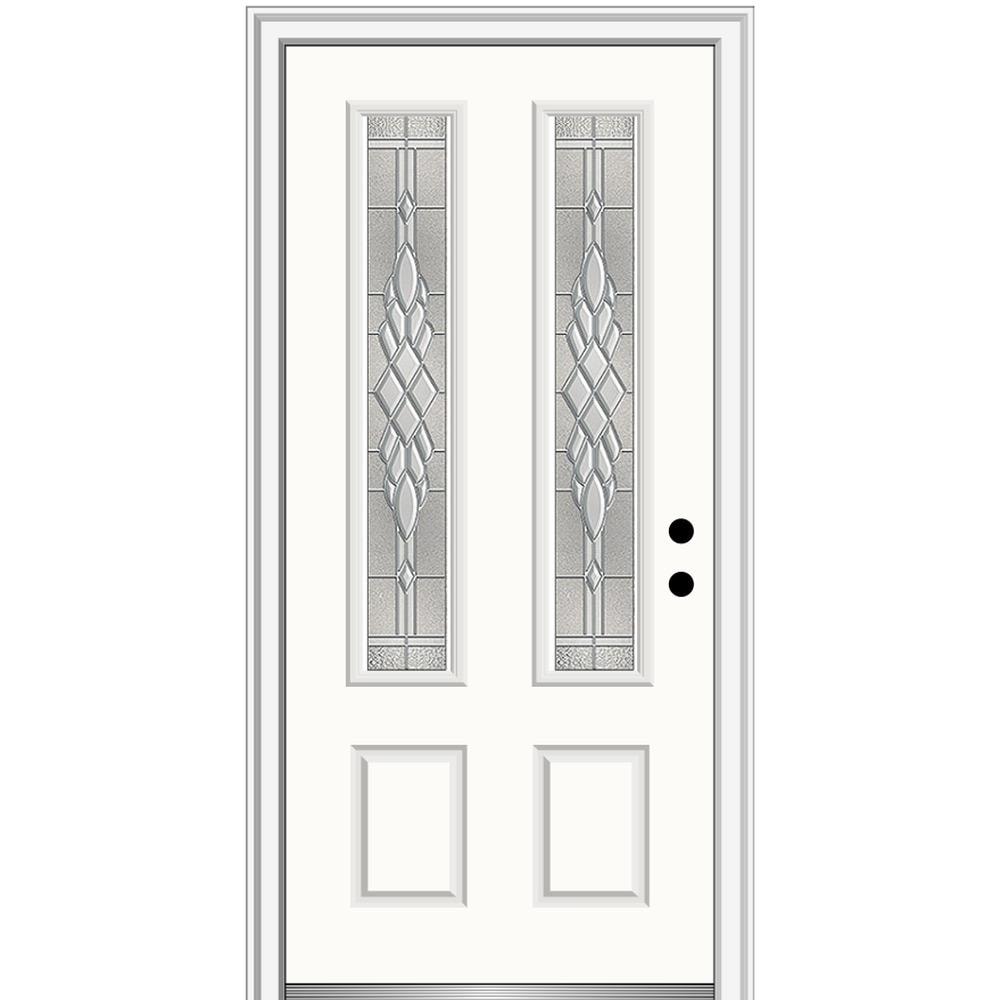 MMI DOOR ZZ3667418L 36-in x 80-in x 6-9/16-in Fiberglass Twin lite Left-hand inswing Alabaster Painted Prehung Front Door with Brickmould Insulating core