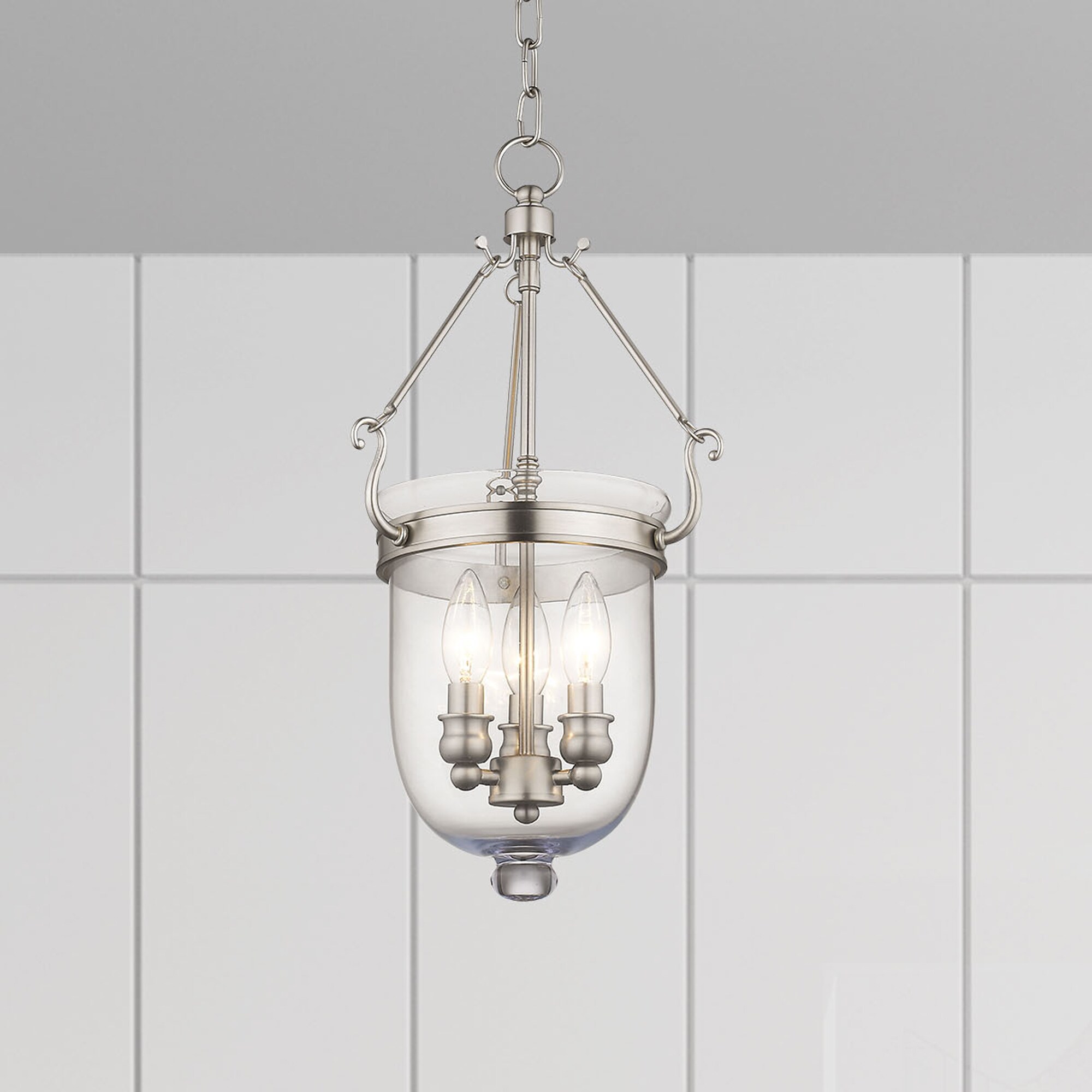 Elegant Brushed Nickel 3-Light Indoor/Outdoor Glass Jar Chandelier