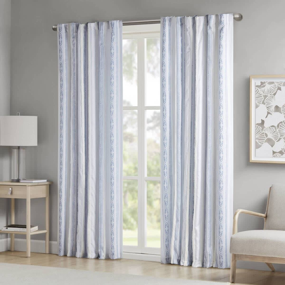 Rbied Poly Printed Curtain Panel with Tufted Stripe and Lining White Navy 50x84in
