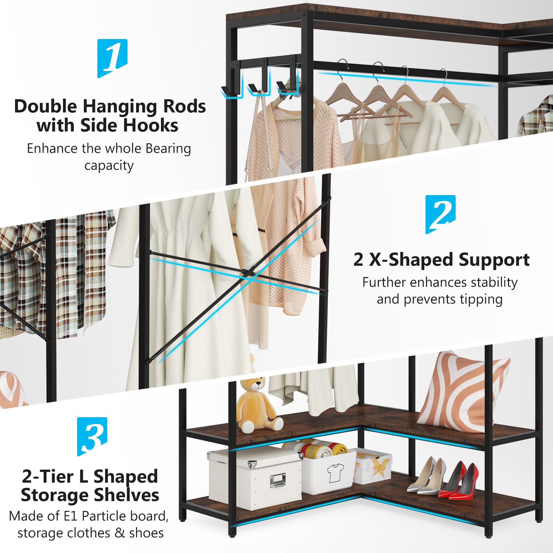 Tribesigns Freestanding L-Shaped Clothing Rack with 6 Shelves and 2 ...