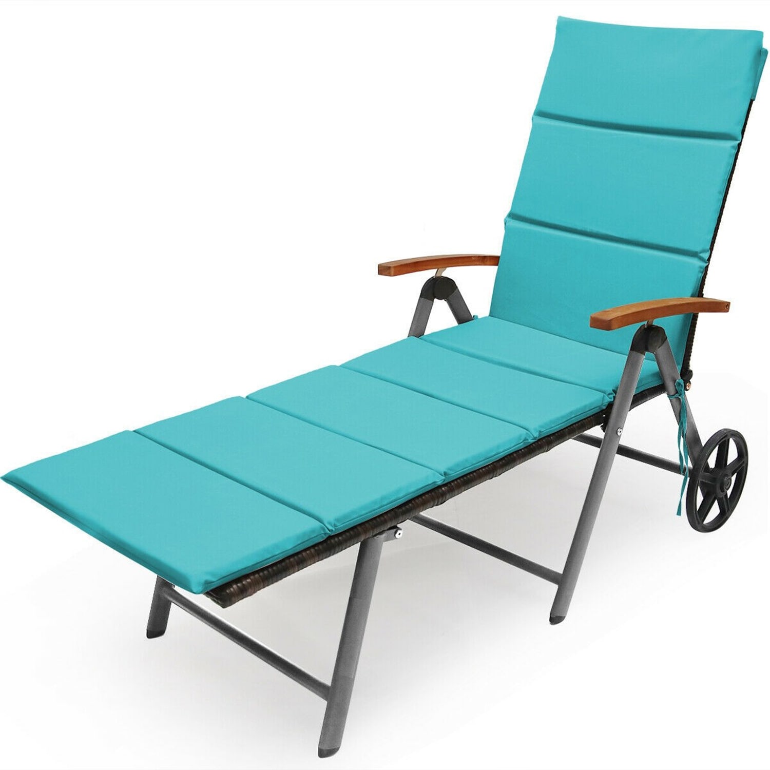Forclover HYFE-63221RE Patio chairs Black Steel Frame Stationary Chaise Lounge Chair with Blue Cushioned Seat