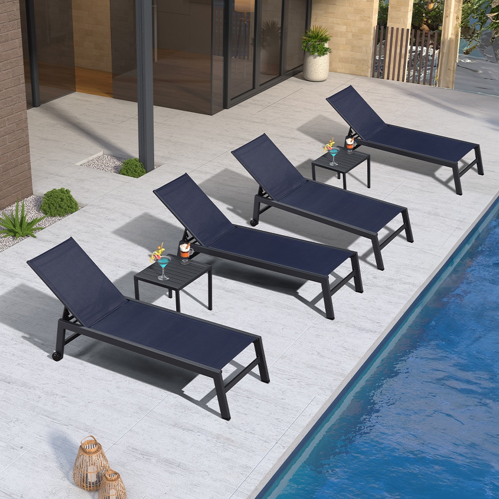 PURPLE LEAF Patio Chaise Lounge Set 4 Pieces Aluminum Outdoor Lounge Chairs with Wheels, Textilene Sunbathing Recliner, Set of 4 Bevel Aluminum Frame Stationary Chaise Lounge Chair with Navy Woven Seat