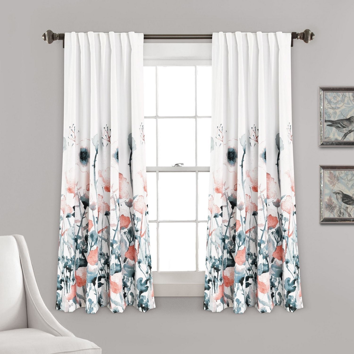 Lush Decor 16T007831 63-Inches Blue Floral Light filtering Back tab Curtain panel pair
