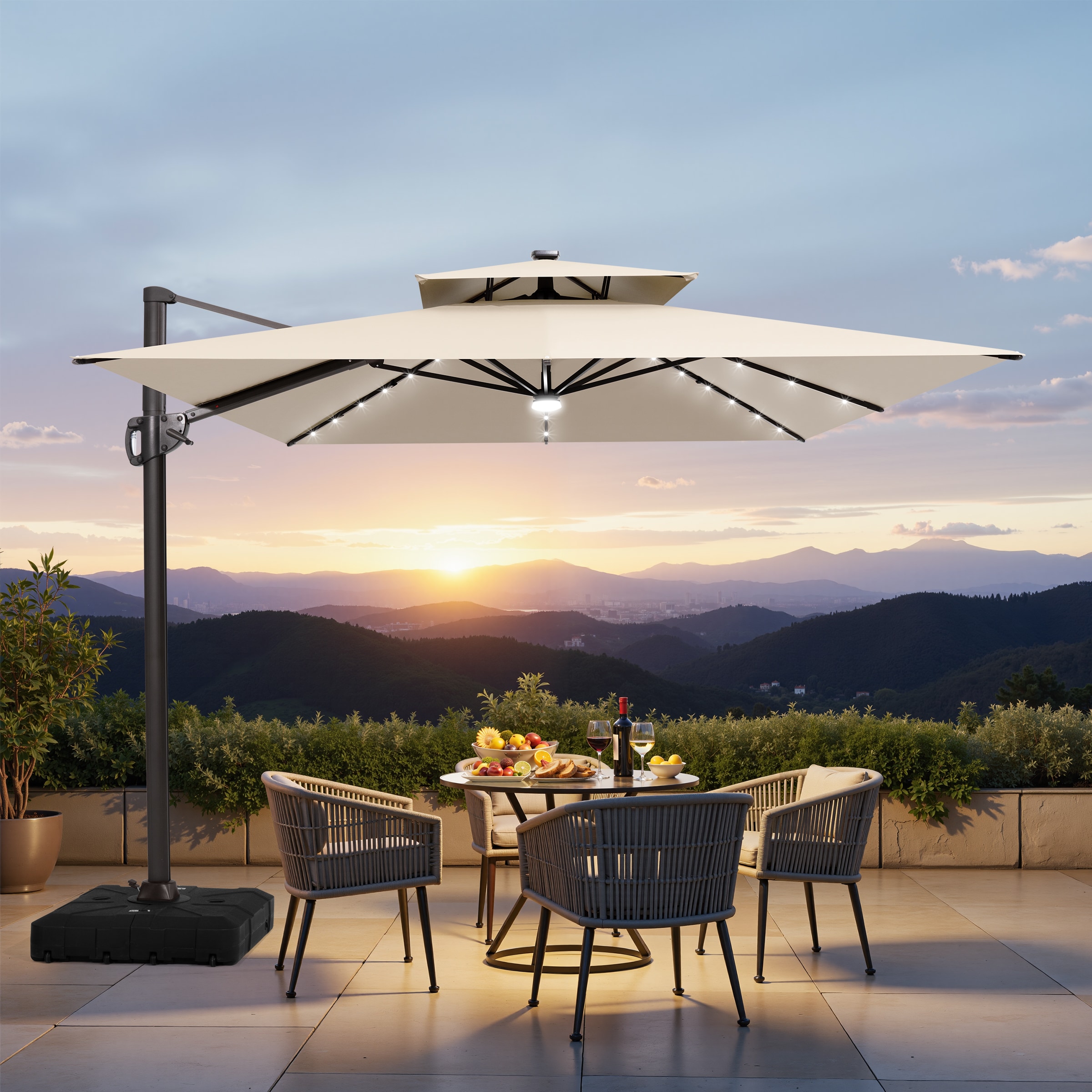 best offset patio umbrella with solar lights WESTLAKE 10 Ft Solar LED Cantilever Offset Patio Umbrella w/ Included  4-Piece Base Weights, Gray