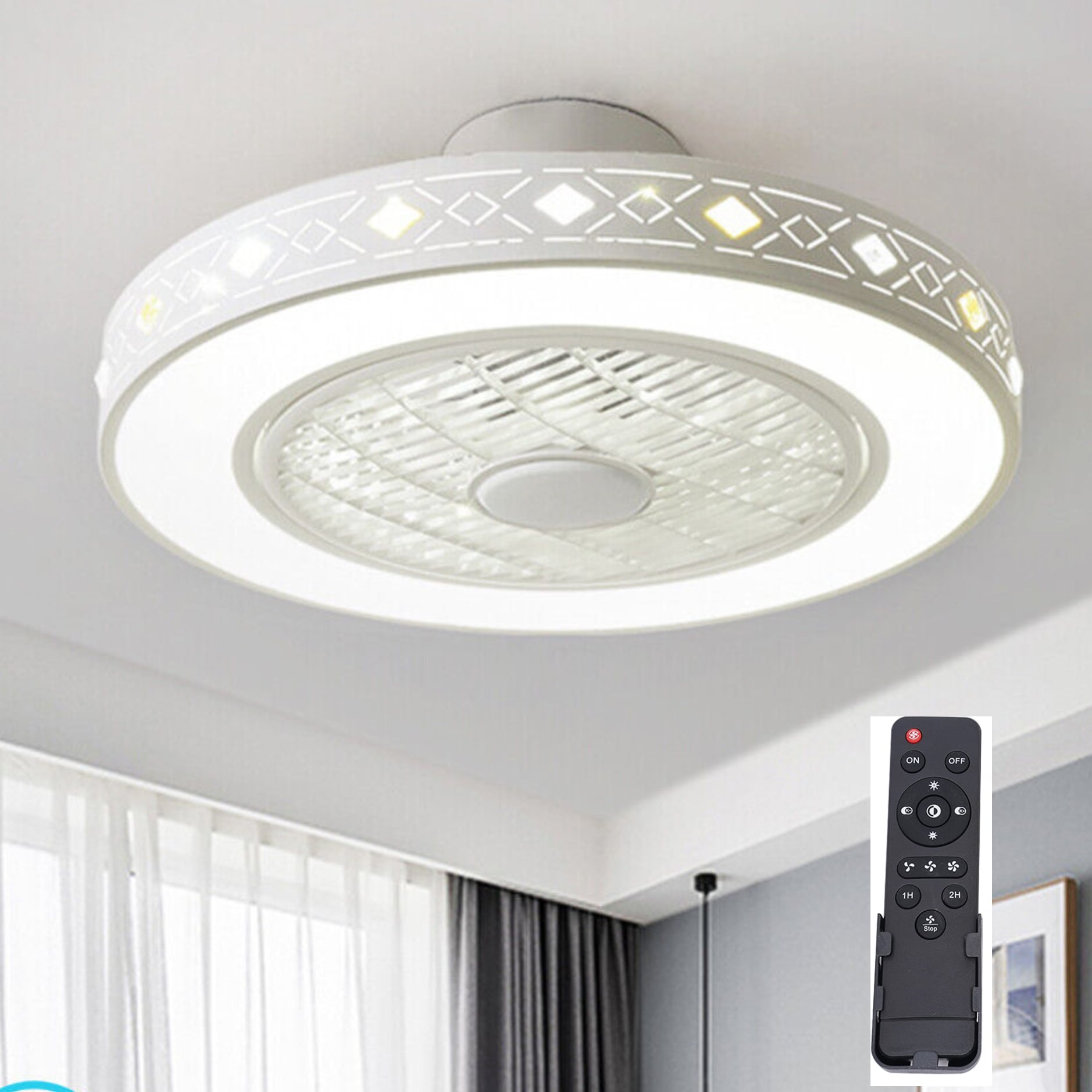 Oukaning HG-WMTZXL-3468-US-1 22-in Color-Changing Integrated LED Flush Mount White Round Enclosed Diamond Style with ABS Blades Ceiling Fan With Light - Remote Included ( 7 -Blade )