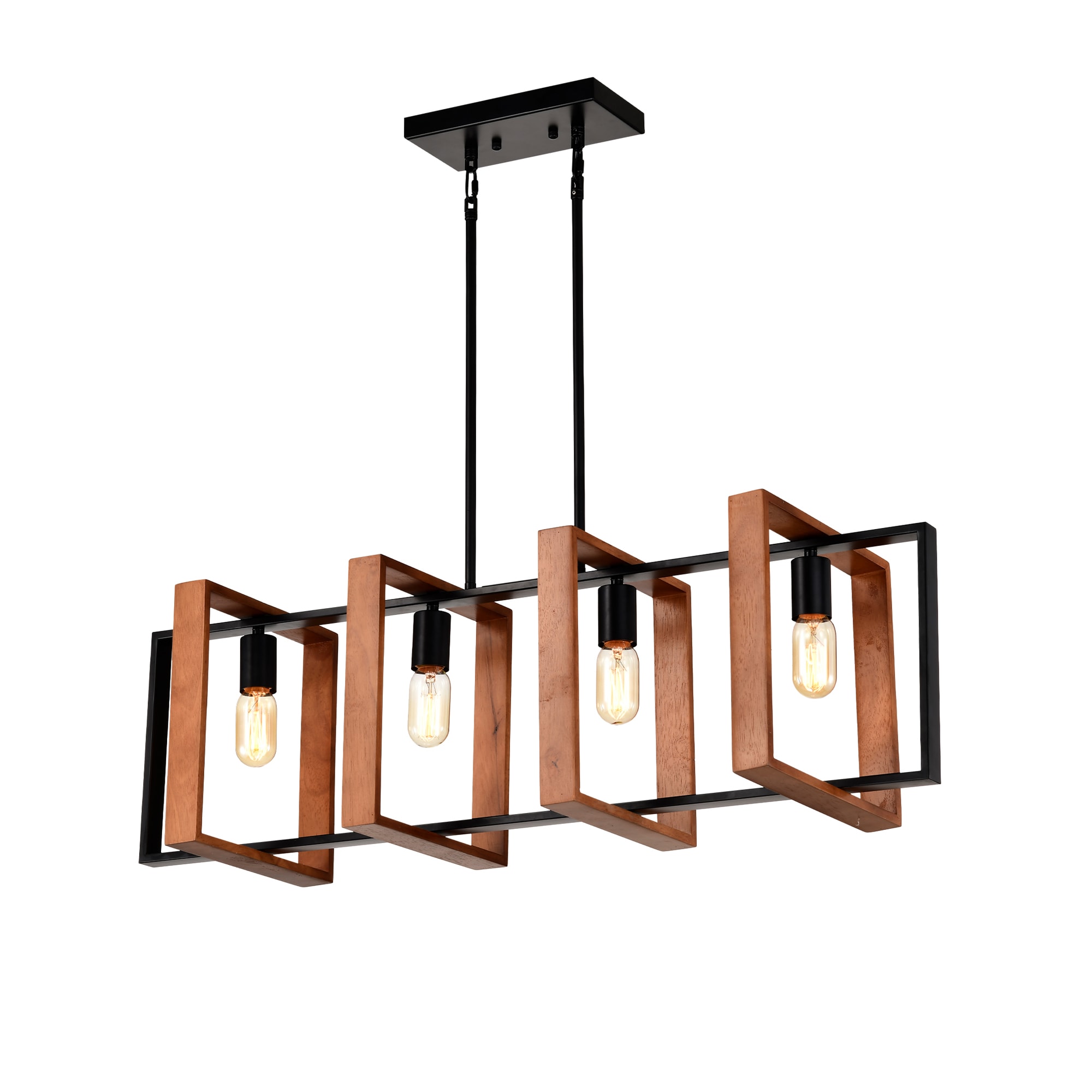 LUXEYARD 4-Light Kitchen Island Lights Pendant Light Farmhouse Dining Room Light Fixture Rustic Wood and Black Metal Rectangular Chandelier 36in Hanging Lighting
