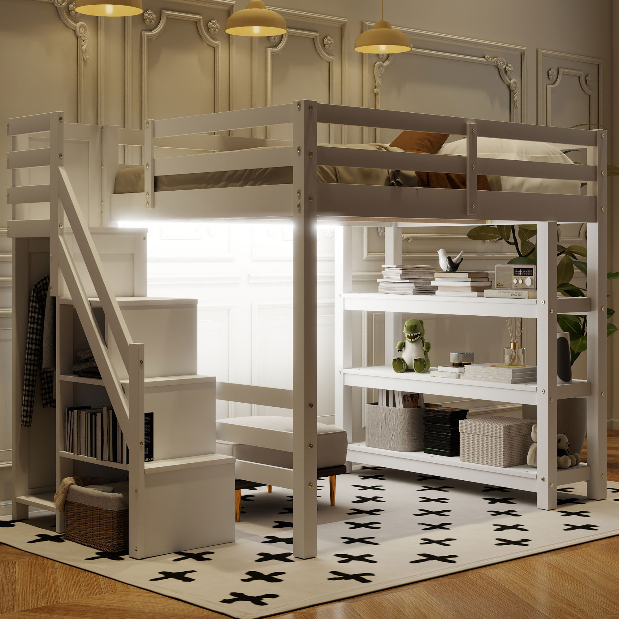 ModernLuxe L3P-N7090000472K Full Size Loft Bed with Shelves Storage Staircase Small Wardrobe and White LED Light White