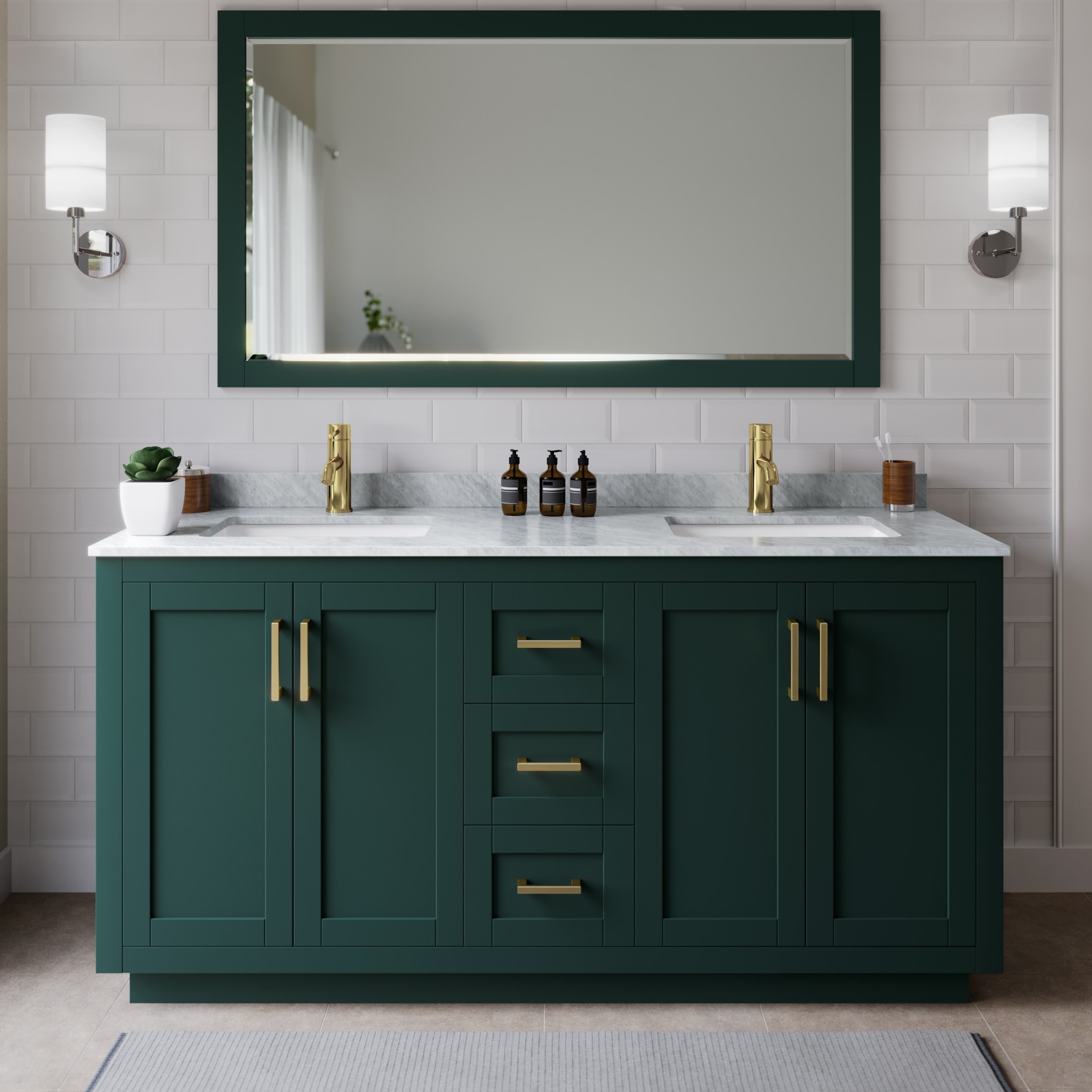 Wyndham Collection WCF292966DGDCMUNSM58 Miranda 66-in Green with Brushed Gold Trim Undermount Double sink Bathroom Vanity with White Carrara Marble Marble Top (Mirror Included)