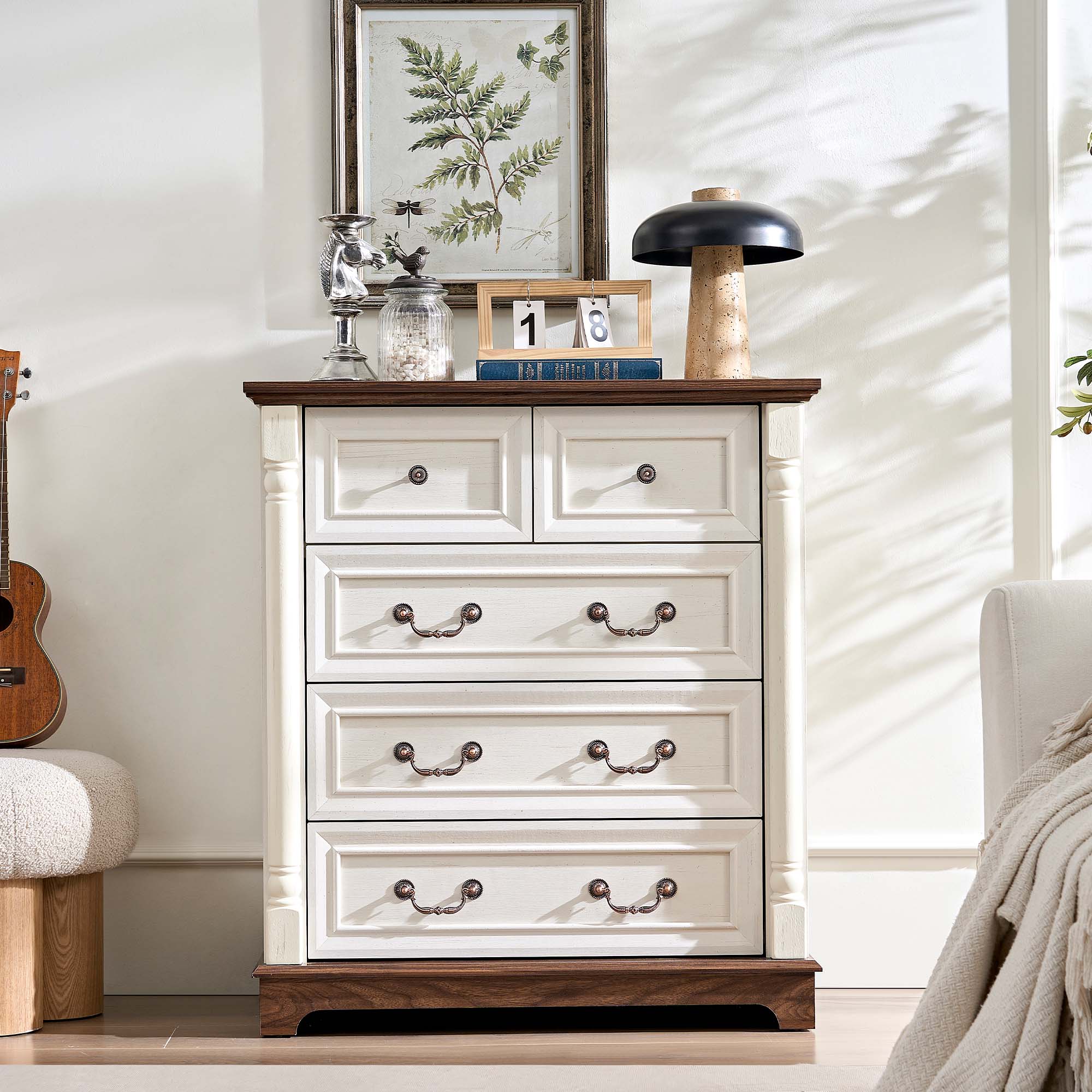 Fun Orange FUN25DR01 Bedroom Dresser Walnut and White 5 -Drawer Standard dresser