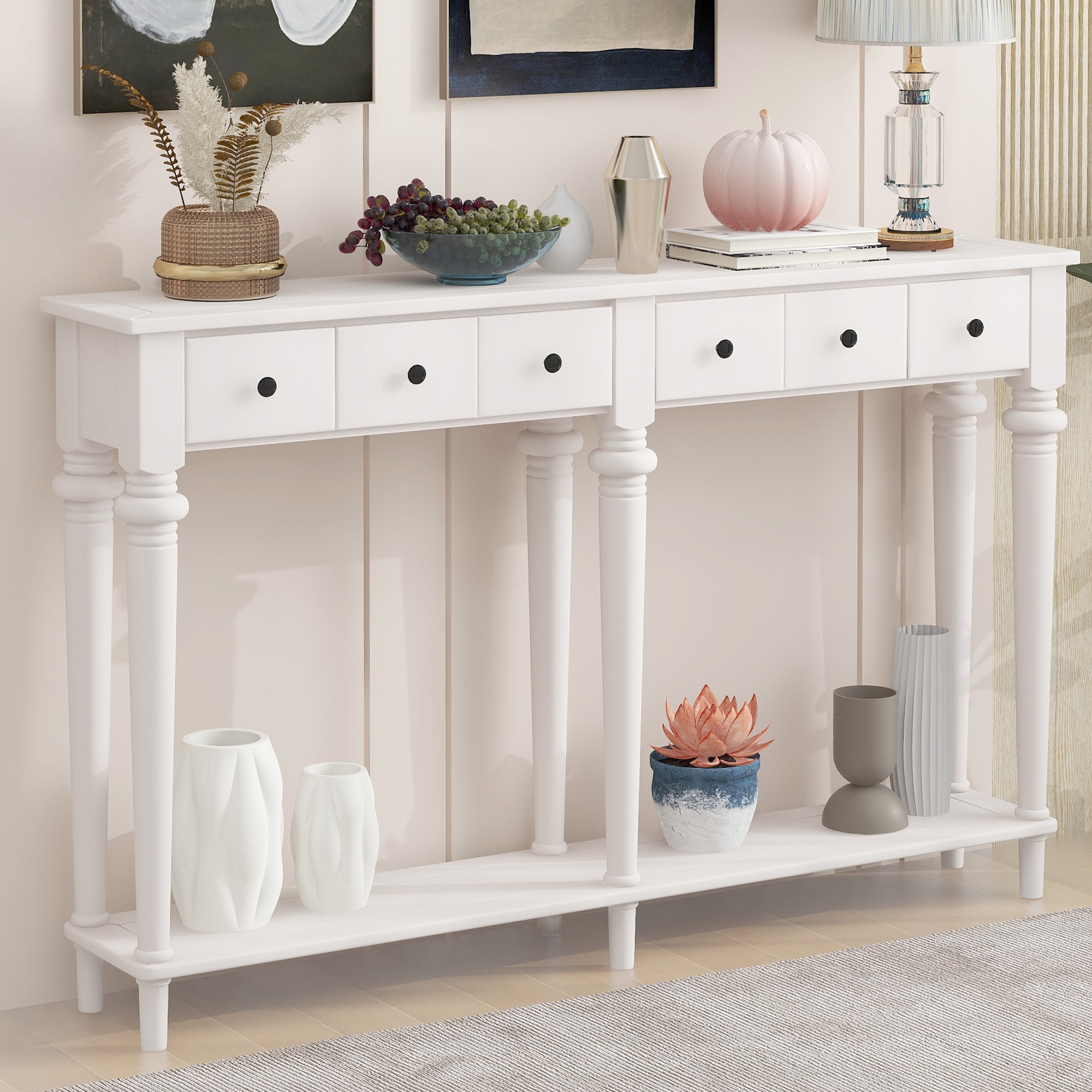 ModernLuxe N715P202860K Entryway Table with 4 Drawers Retro Console Table with Open Shelf for Entryways Living Rooms and Hallways White