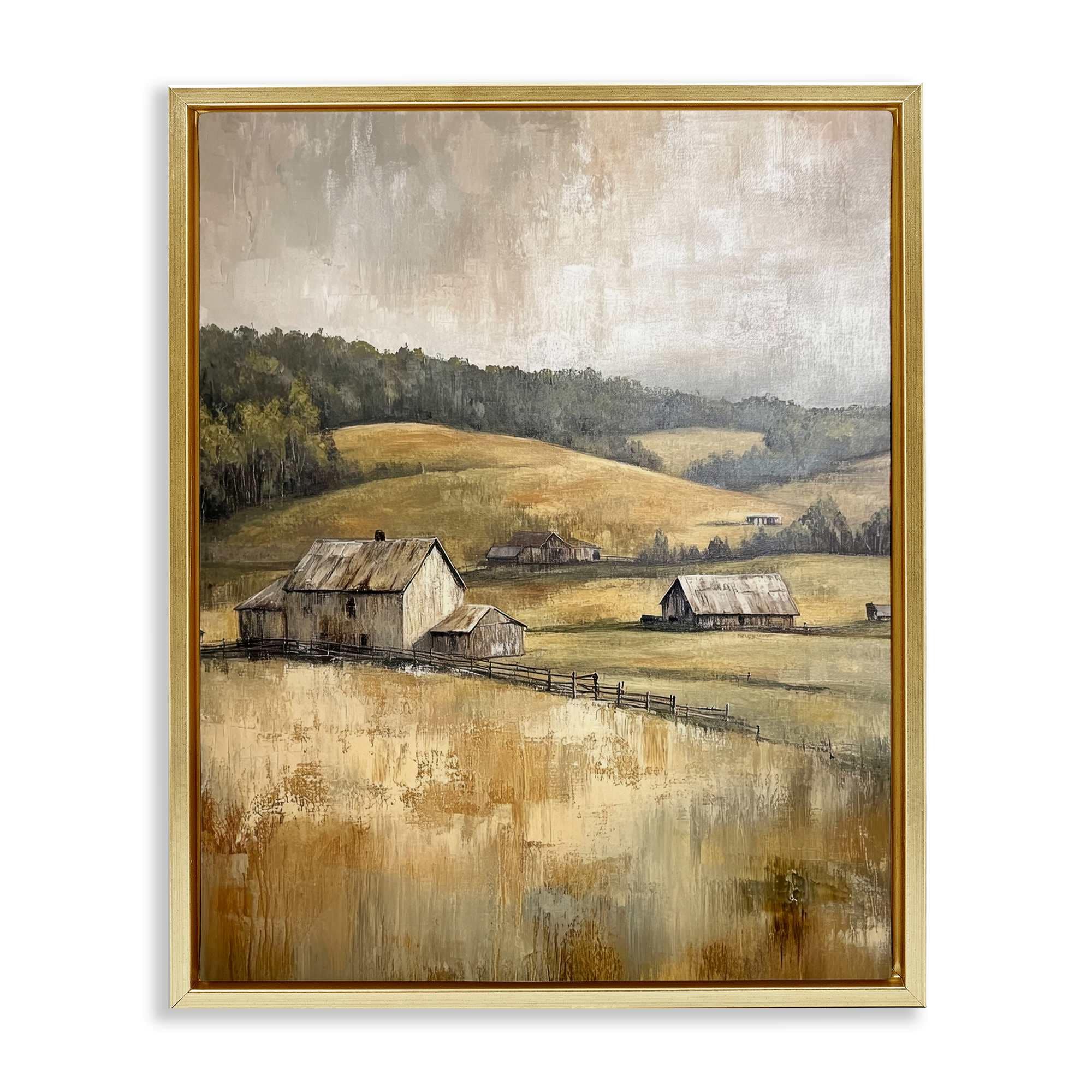 Stupell Industries BT-837-FFG-24X30 Rustic Farmland and Rolling Hills Gold Framed Floater Canvas Wall Art By Petal Prints Design 25 x 31