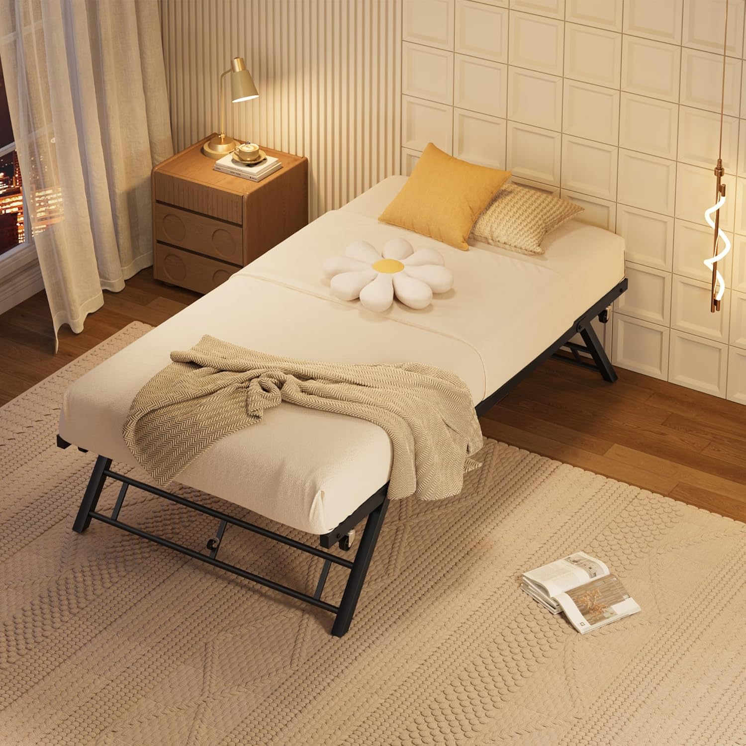 Qeetex LHF-BED-PHK-33DM9L3S Twin Pop Up Trundle Bed Frame Trundle Day Bed with Lockable Casters Foldable Metal Platform Brown