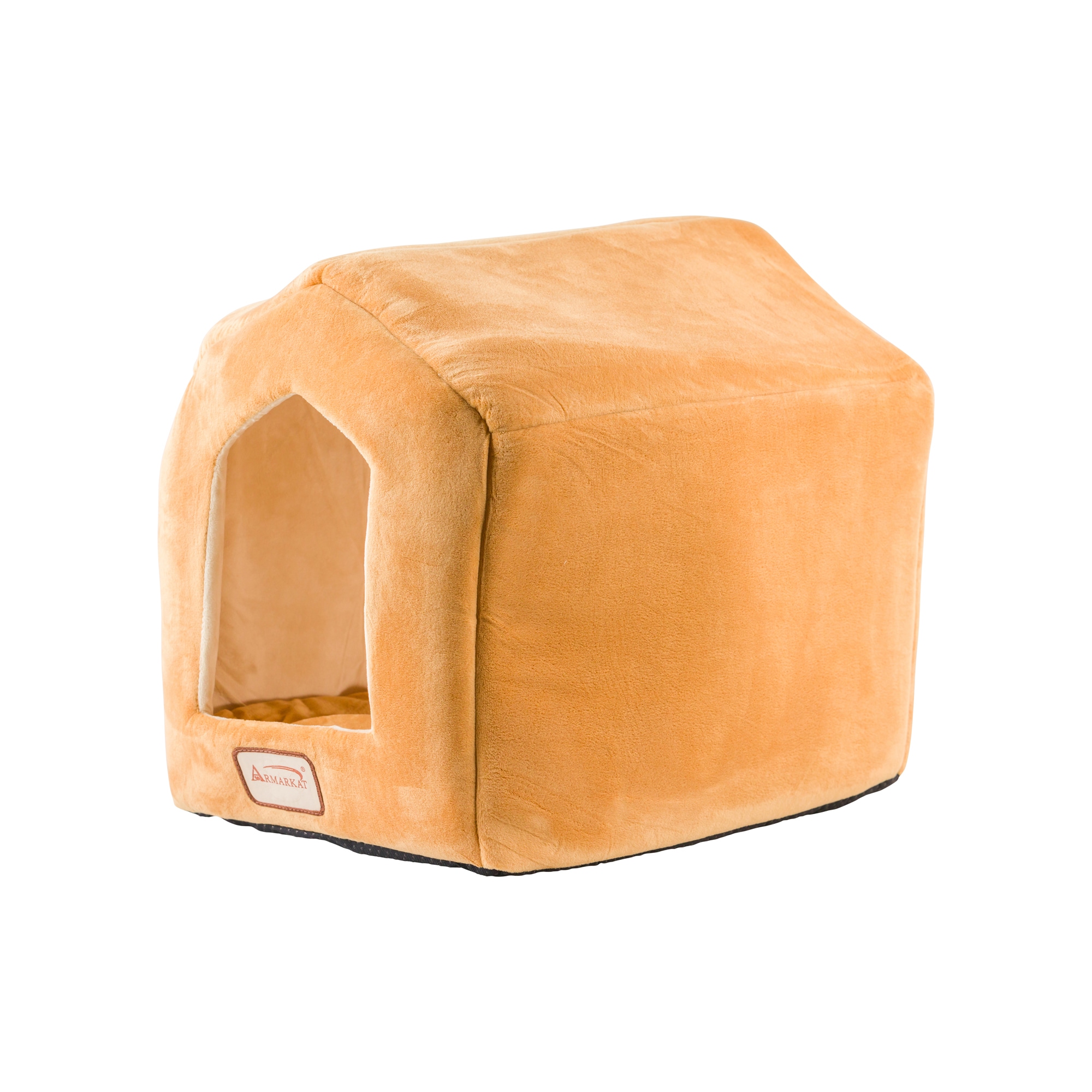 Small Beige Velvet House-Shaped Cat Bed with Fiberfill