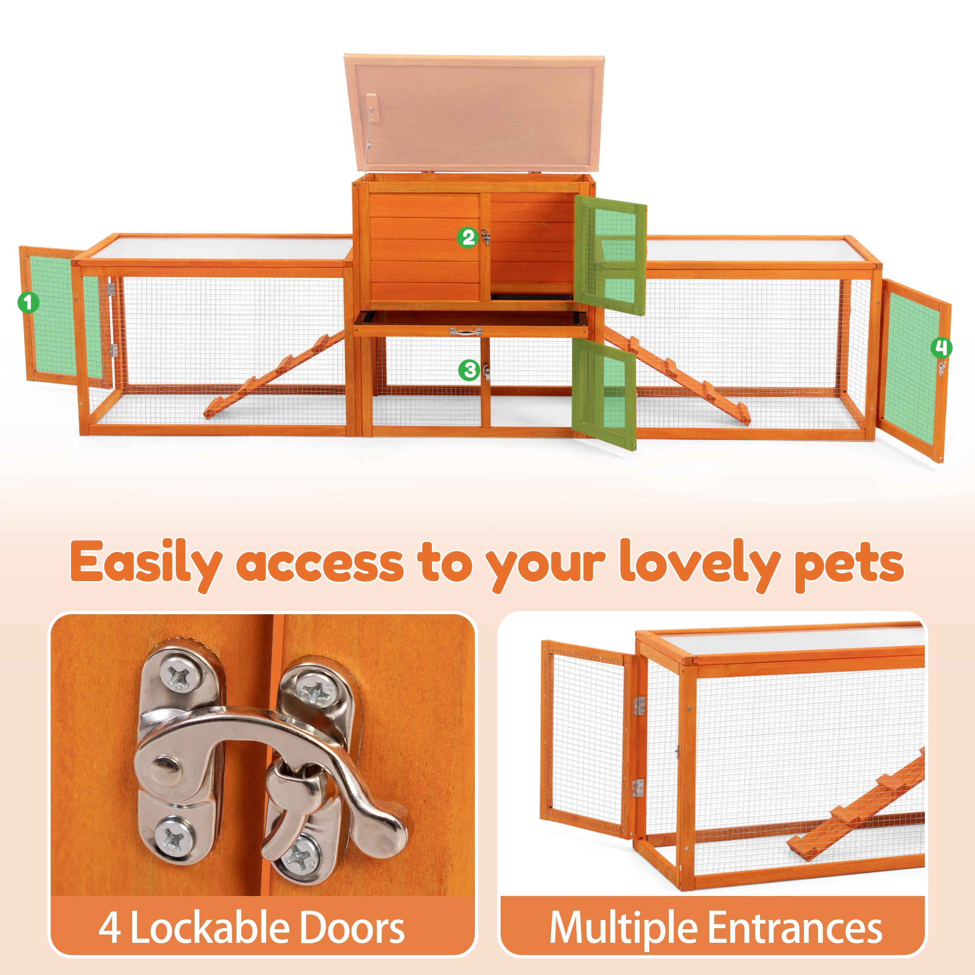 Large Orange Wood Rabbit Hutch with Ramps and Mesh Runs