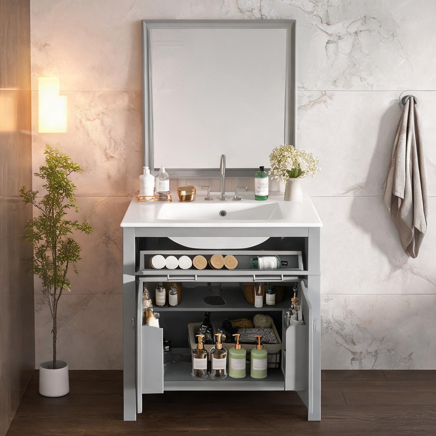 SunJet - Modern 30-Inch Bathroom Vanity in Slate Gray with Soft-Close Doors Ceramic Sink and Adju...