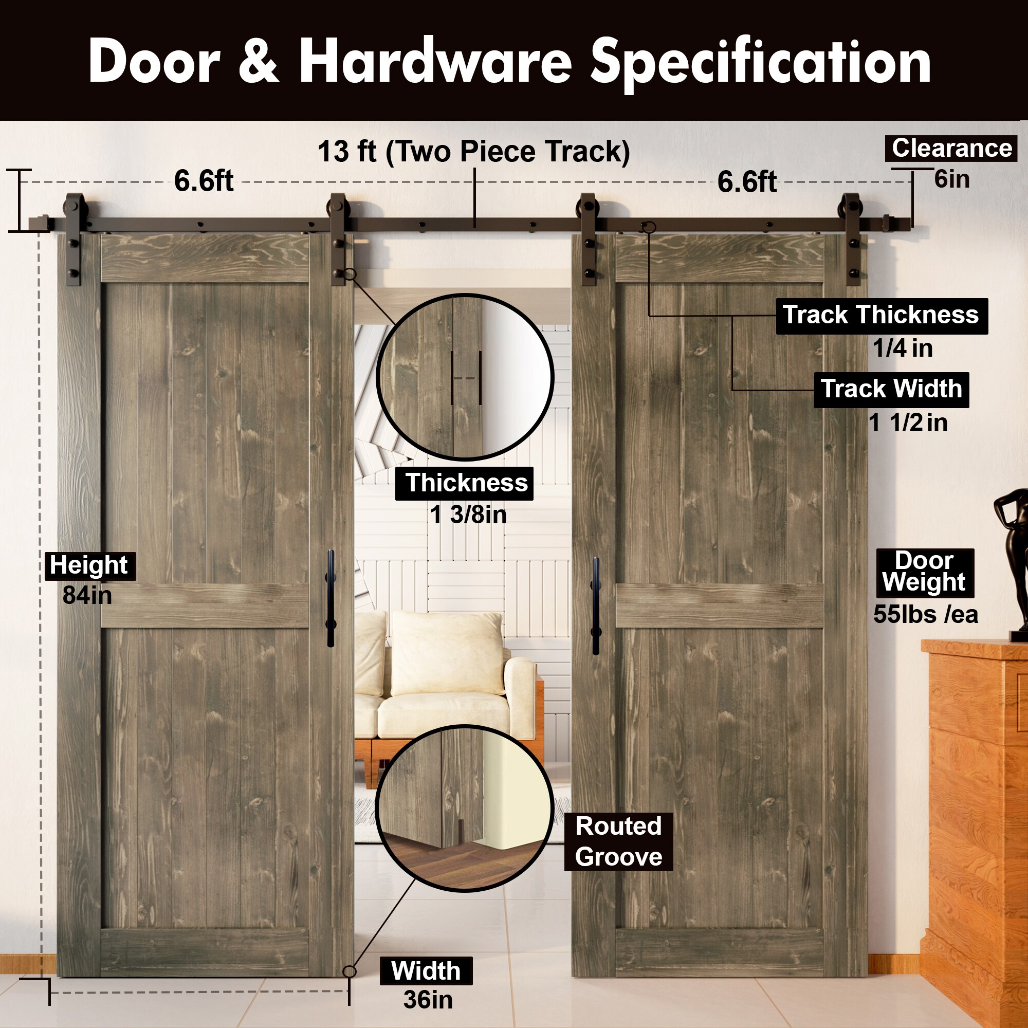 HOMACER YT2TGH156C-3684-H-GR Barn-Doors - View #7