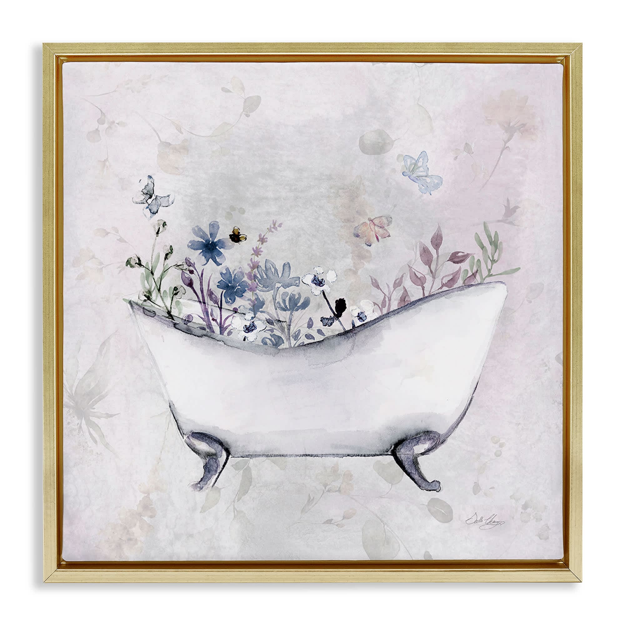 Stupell Industries BS-137-FFG-24X24 Delicate Bath with Botanics Gold Framed Floater Canvas Wall Art By Stella Chang 25 x 25