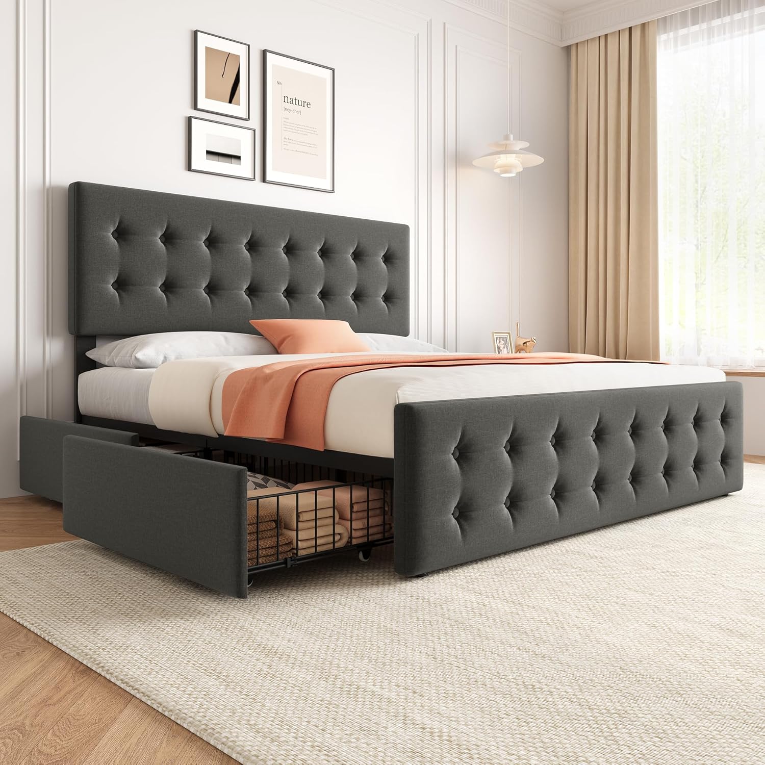 GAOMON King Size Bed Frame with 4 Storage Drawers and Headboard Linen ...