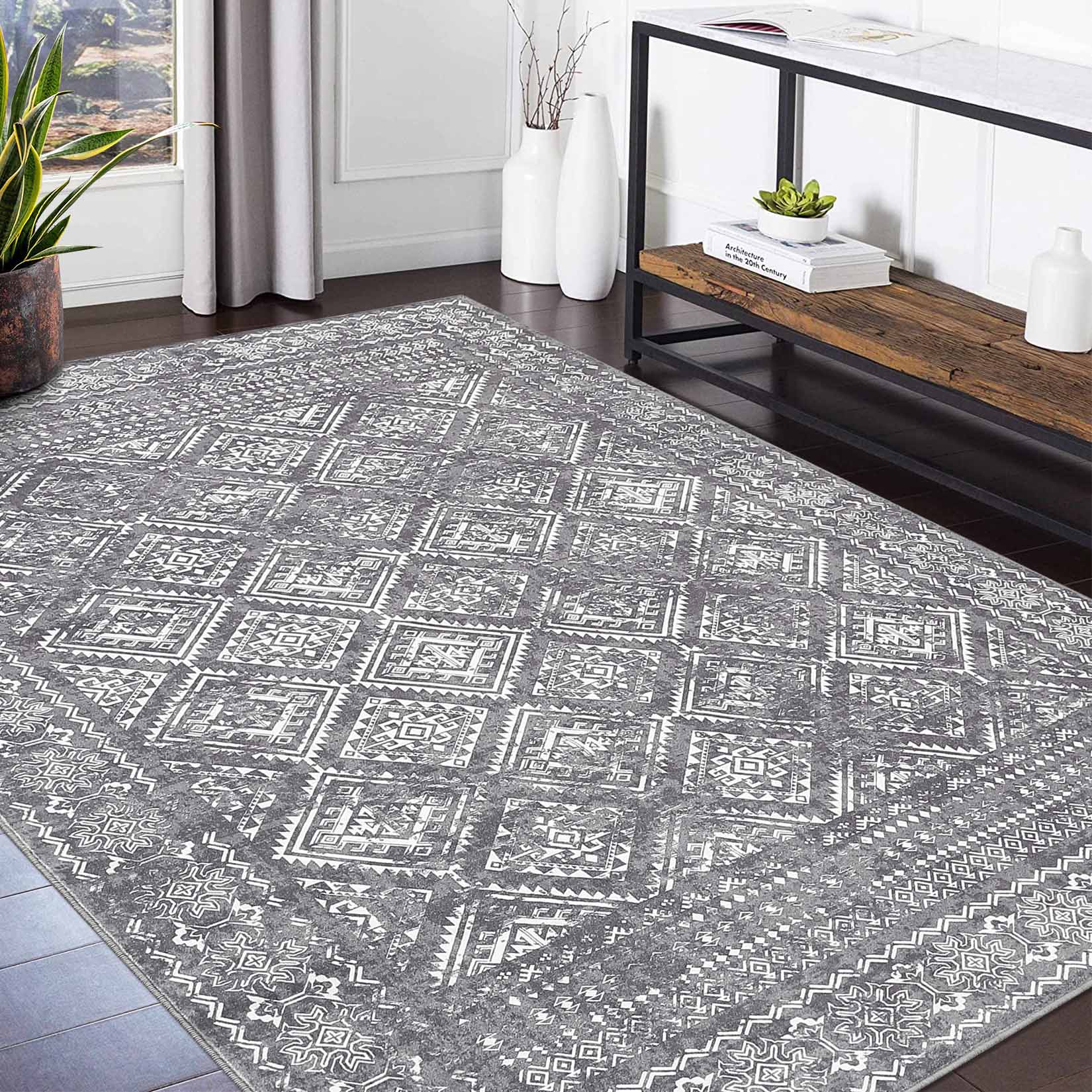 Garvee YXY-LO-PHO-14JIWJ4O 6 x 9 (ft) Loomed Polyester Gray Rectangular Indoor Geometric Moroccan Machine washable Area rug