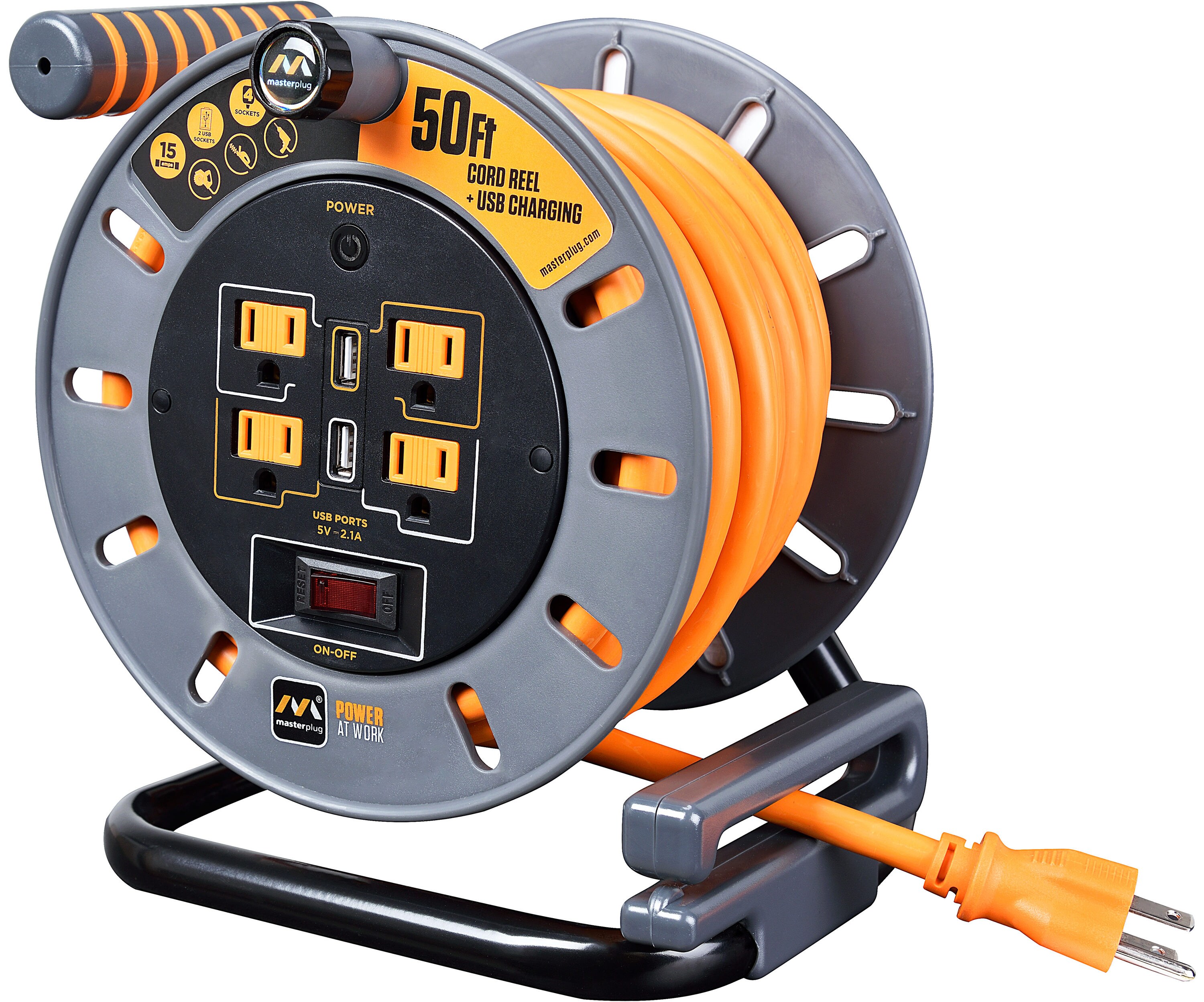 Masterplug 50Ft 4 Sockets 15A 12Awg Medium Open Reel with Usb Charging ...