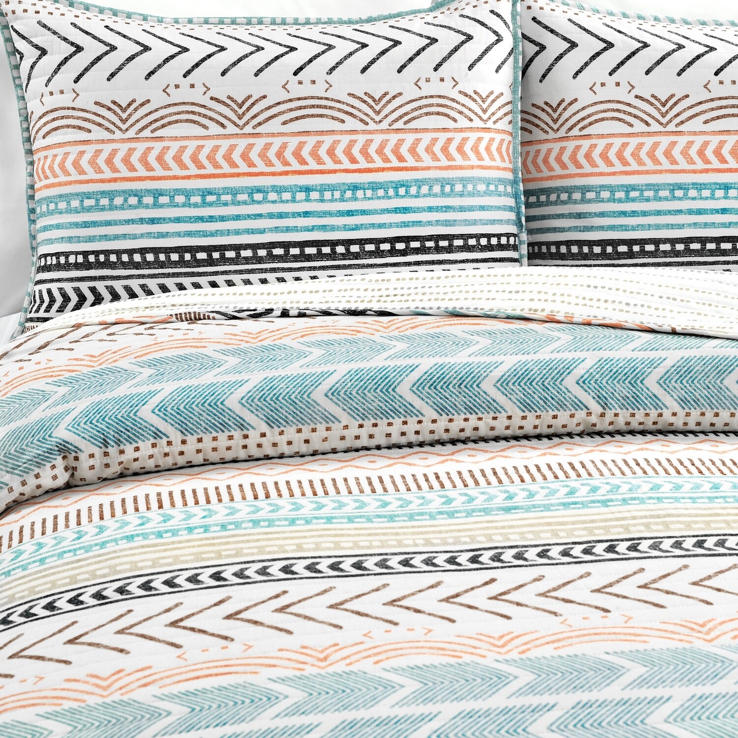 King Multicolor Cotton Reversible Geometric Quilt Set