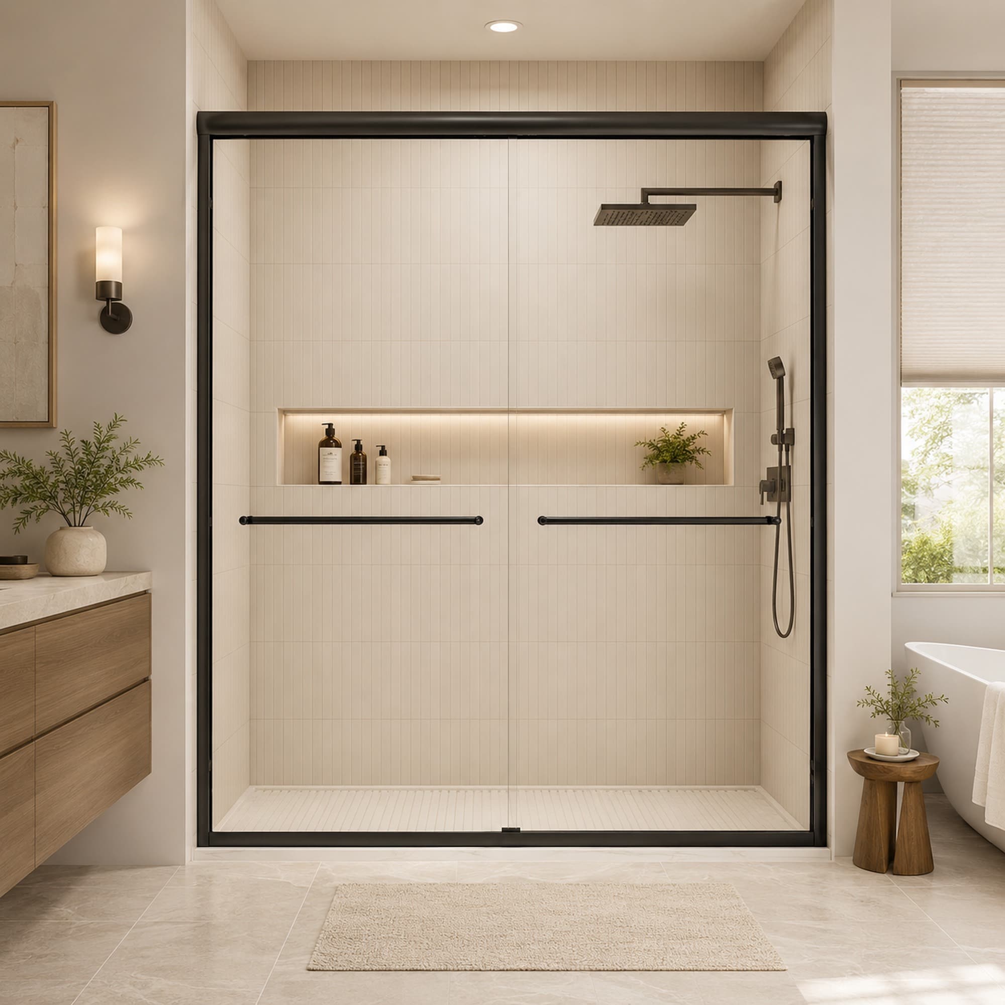 HyperDrop Cart 56-in to 60-in W x 72-in H Matte Black Framed Clear Tempered Glass Double Sliding Shower Door