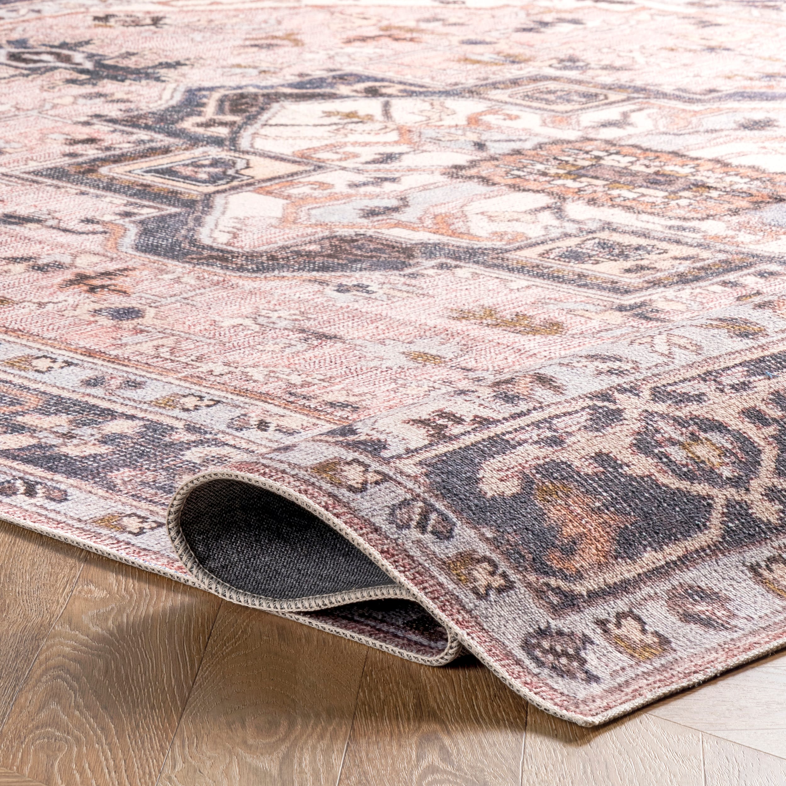 Gray and Pink Square Synthetic Medallion Area Rug, 6'