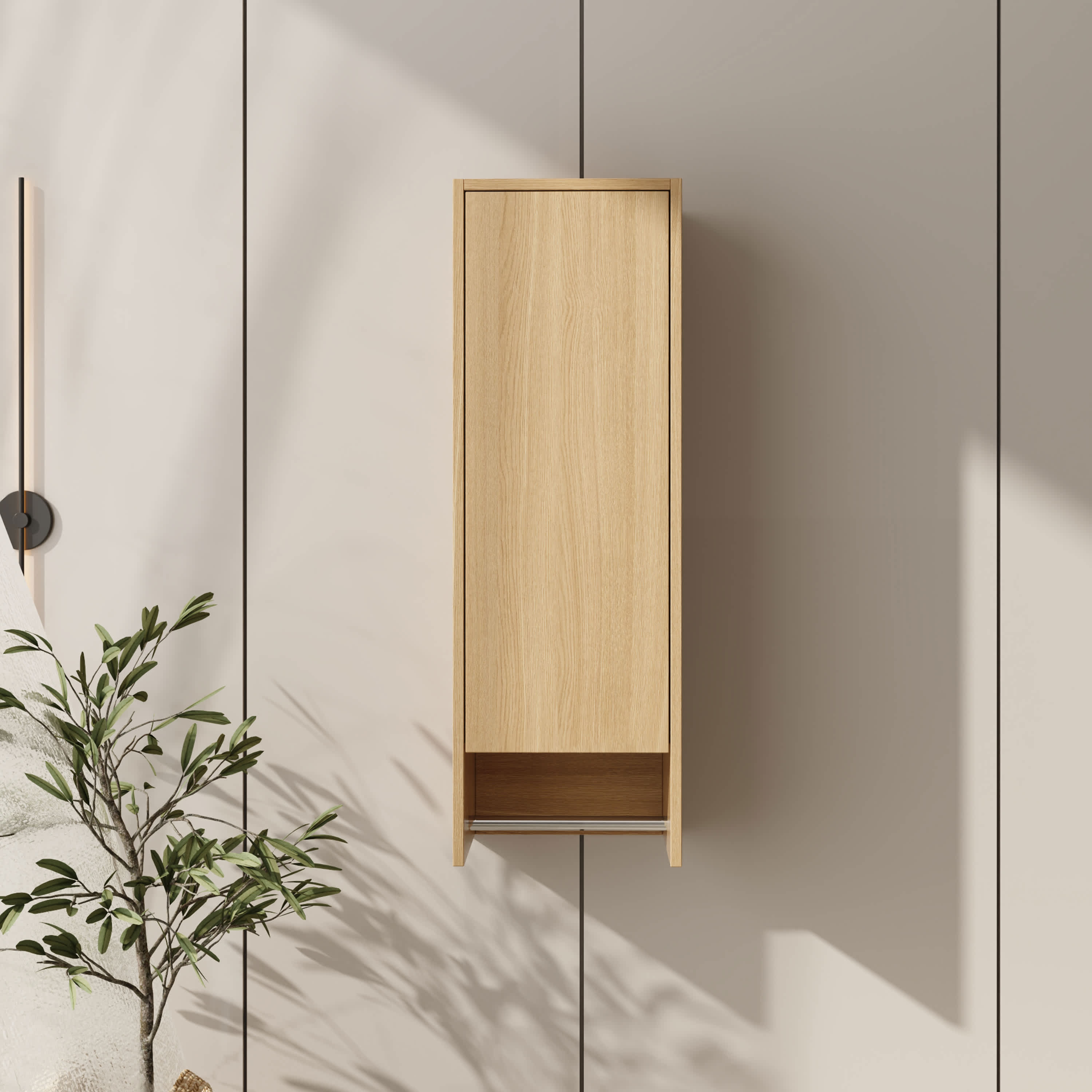 Roomfitters  12 Inch Wall Mounted Side Cabinet Soft Closing Door Floating Bathroom Storage Tower with Towel Bar Oak